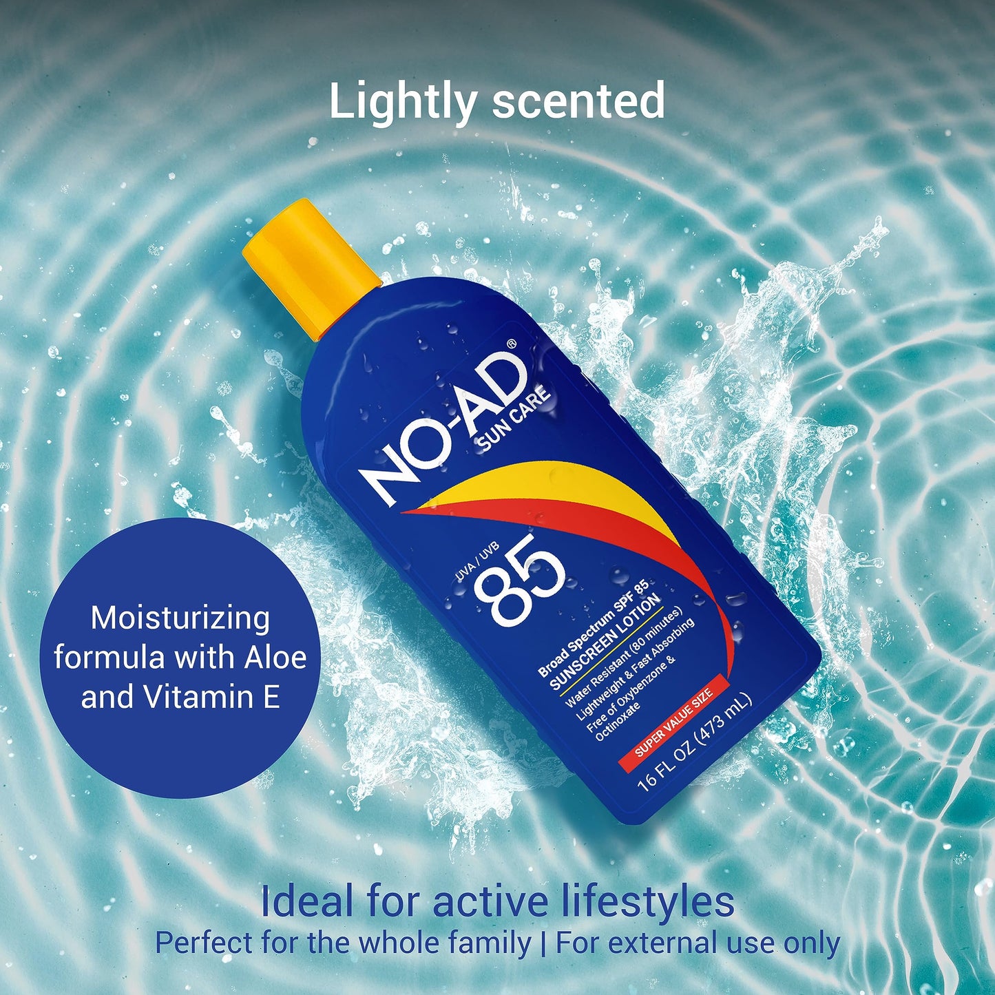 NO-AD SPF 85 Sunscreen Lotion | Broad Spectrum UVA/UVB Protection | Water Resistant | Octinoxate & Oxybenzone Free with moisturizing Vitamin E and Aloe 16oz