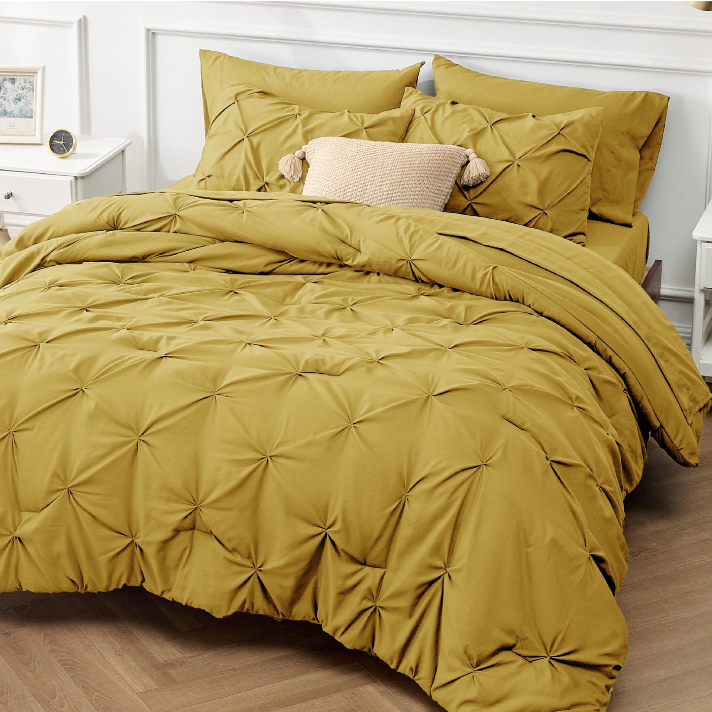 Bedsure Twin Comforter Set with Sheets - 5 Pieces Twin Bedding Sets, Pinch Pleat Mustard Yellow Twin Bed in a Bag with Comforter, Sheets, Pillowcase & Sham