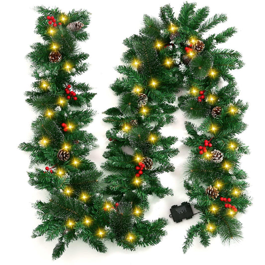 9 Feet Christmas Lighted Garland with 50 Lights, Battery Operated Artificial Snowy Garland Plants with Pine Cone Red Berry Garlands for Indoor Outdoor Home Fireplace Staircase Christmas Decorations