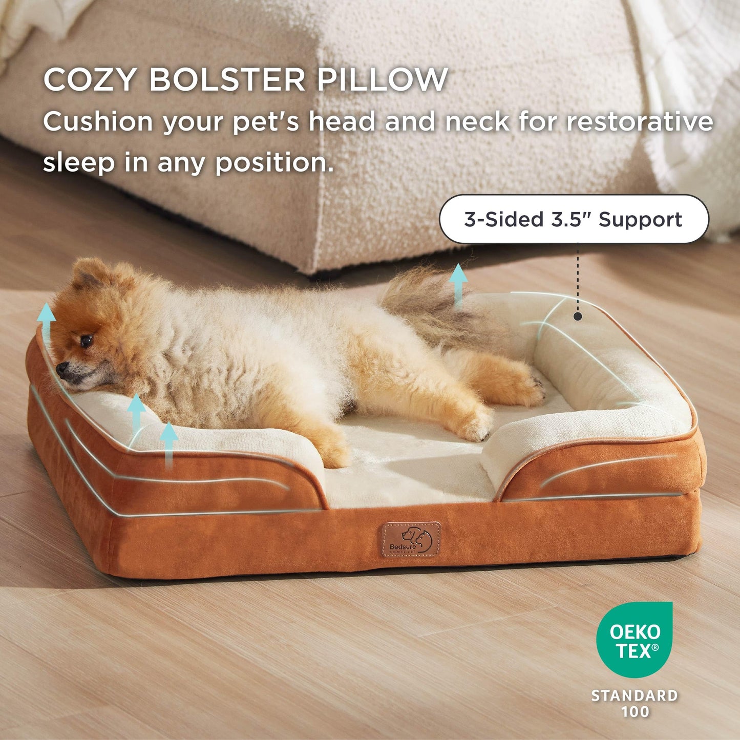 Bedsure Small Orthopedic Dog Bed - Washable Bolster Dog Sofa Beds for Small Dogs, Supportive Foam Pet Couch Bed with Removable Washable Cover, Waterproof Lining and Nonskid Bottom Couch, Caramel