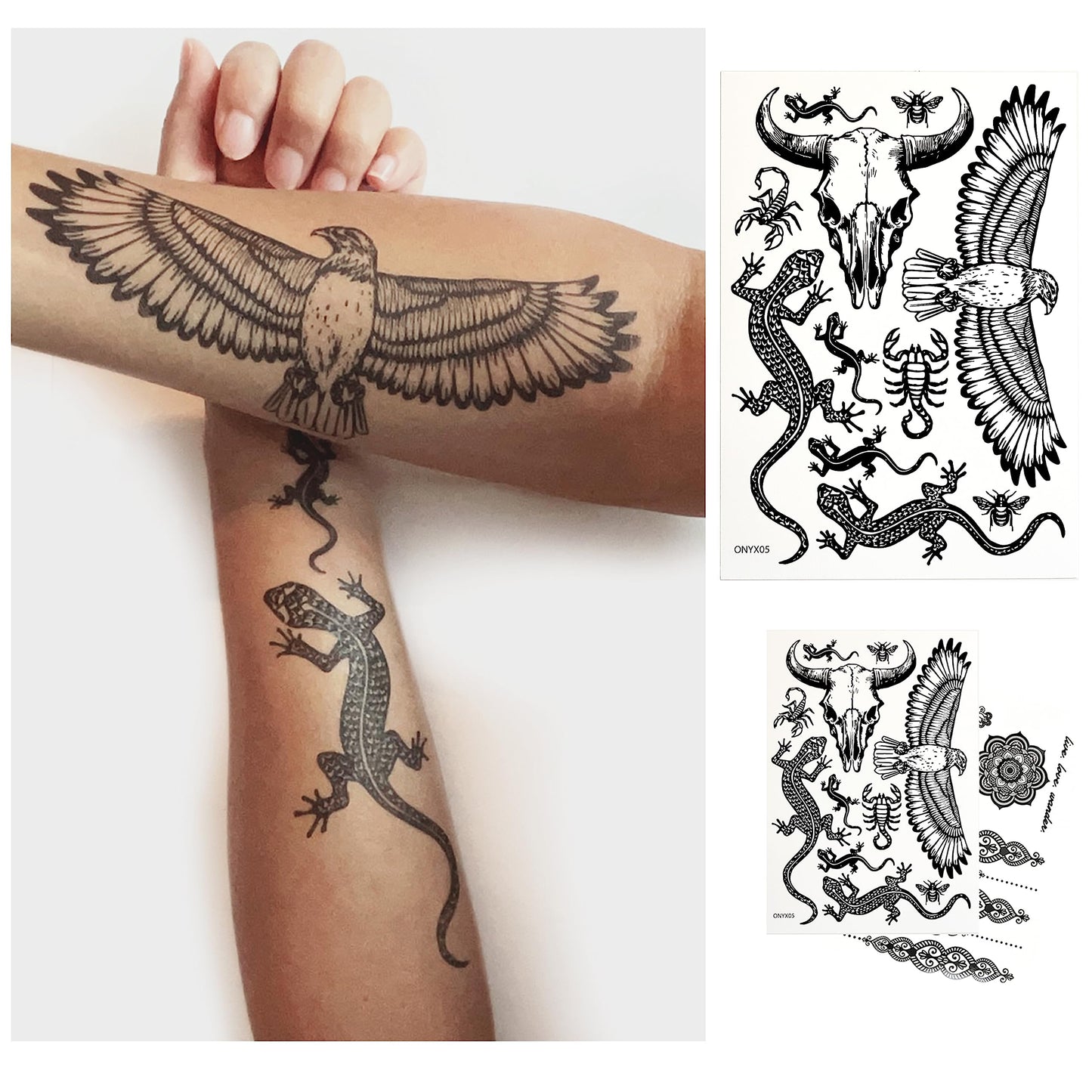 Temporary Tattoos for Adult Women - 2 Sheets Hawk lizard Gecko Bug Scorpion Skull Cow Buffalo Bison Adults Tattoo