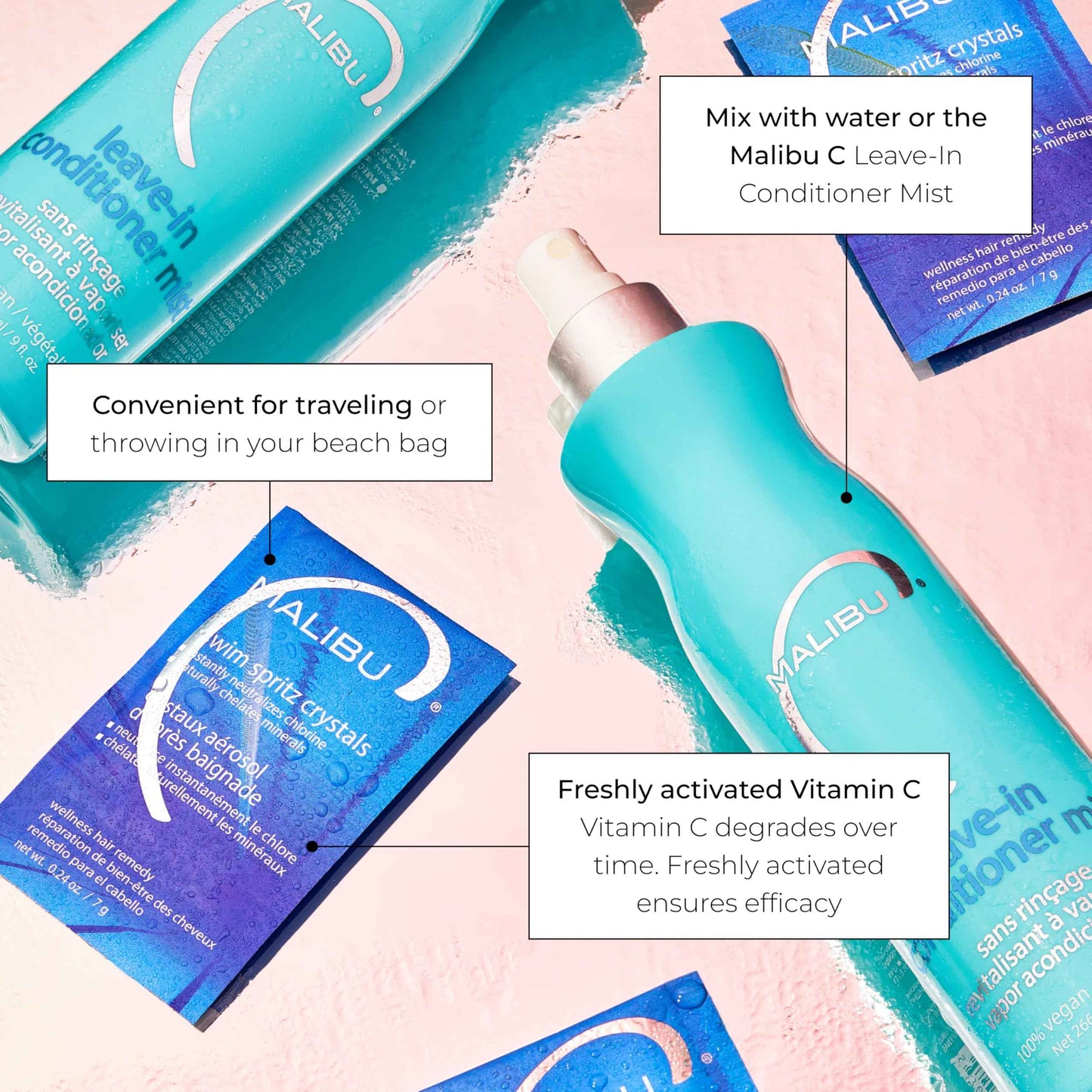 Malibu C Swim Spritz Crystals - Freshly Activated Vitamin C Hair and Skin Spray for Post-Swim Chlorine Removal - 100% Vegan and Cruelty-Free (12 Packets)