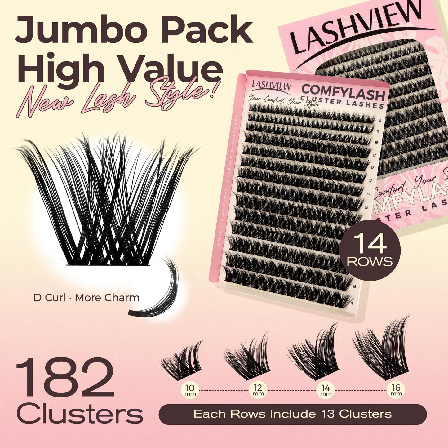 LASHVIEW Eyelash Clusters 182pcs COMFYLASH D Curl Lash Extension Clusters Natural Look Cluster Lashes Extensions Super Thin Band & Soft Lashes Reusable 9-16mm MIX (Fluffy)