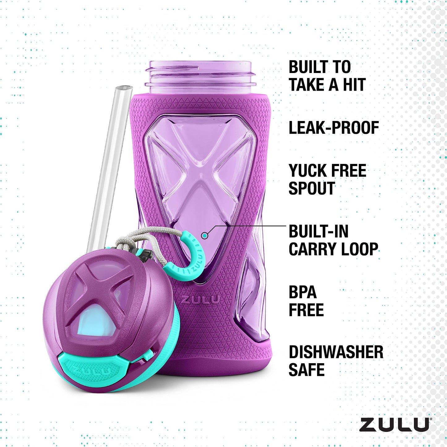 Zulu Torque 16oz Plastic Kids Water Bottle with Silicone Sleeve and Leak-Proof Locking Flip Lid and Soft Touch Carry Loop for School Backpack, Lunchbox, Outdoor Sports, Dishwasher Safe, Purple