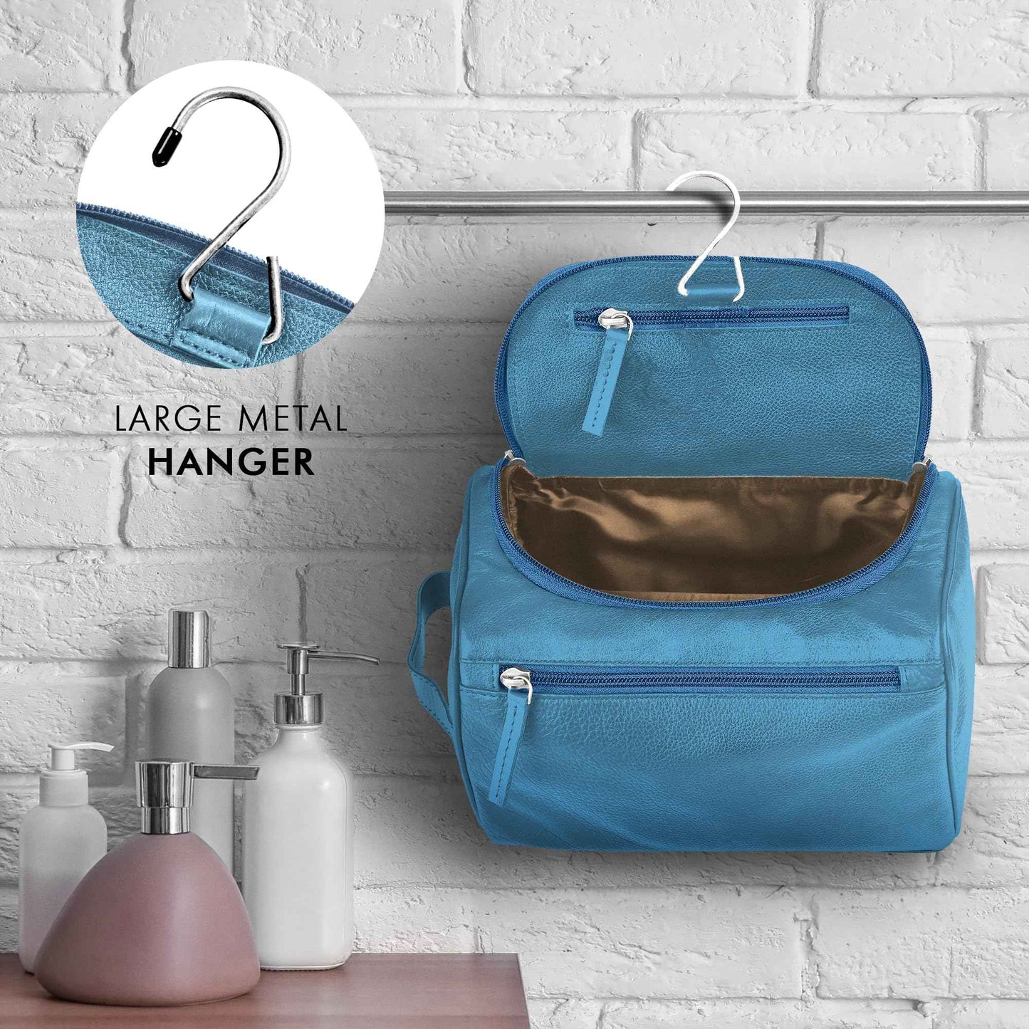 ELIZO Premium REAL Leather Toiletry Bag for Men Dopp Kitt Hanging Mens Toiletry Large TSA Toiletries Bag Shaving Grooming Bag Organizer Espresso (Blue, Large)