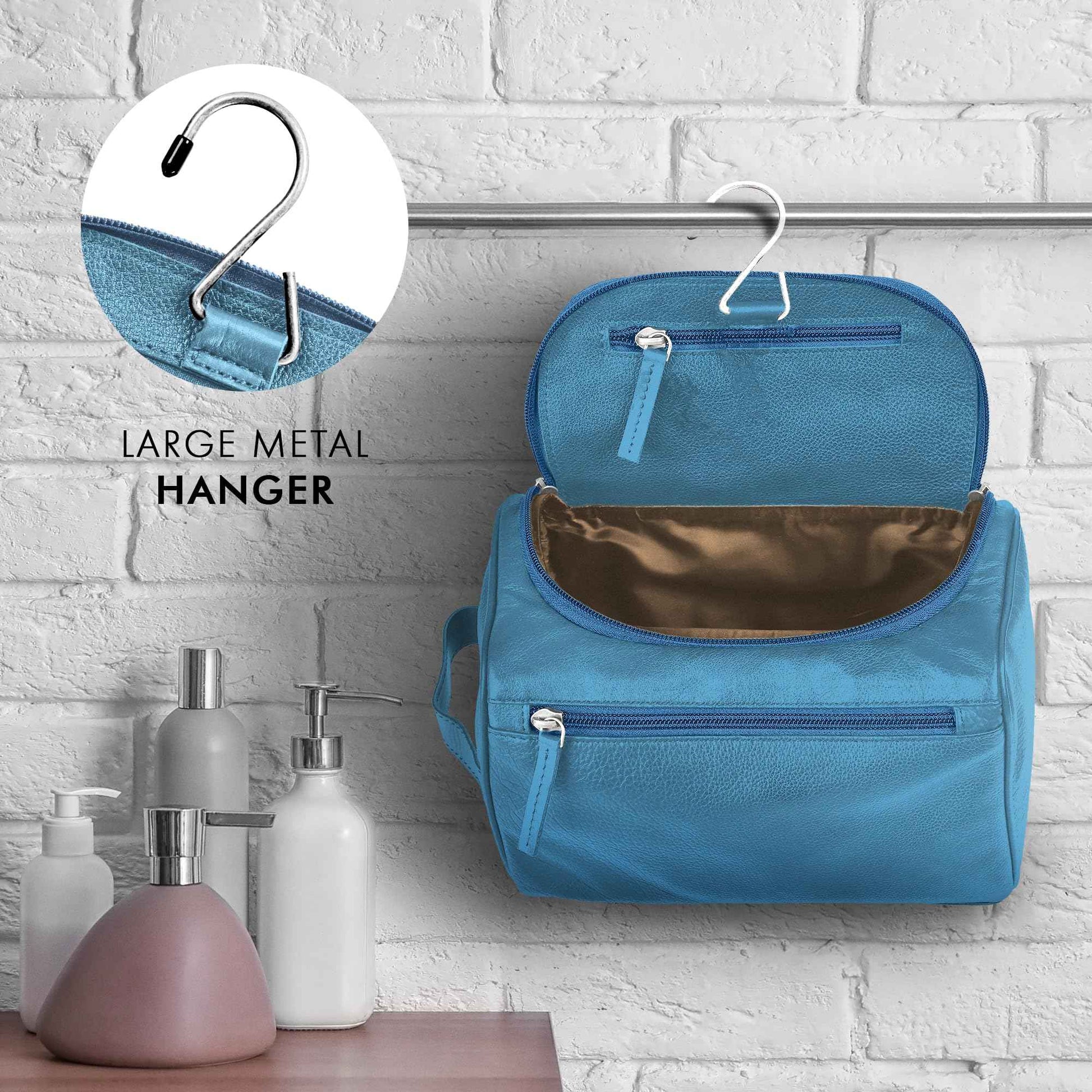 ELIZO Premium REAL Leather Toiletry Bag for Men Dopp Kitt Hanging Mens Toiletry Large TSA Toiletries Bag Shaving Grooming Bag Organizer Espresso (Blue, Large)