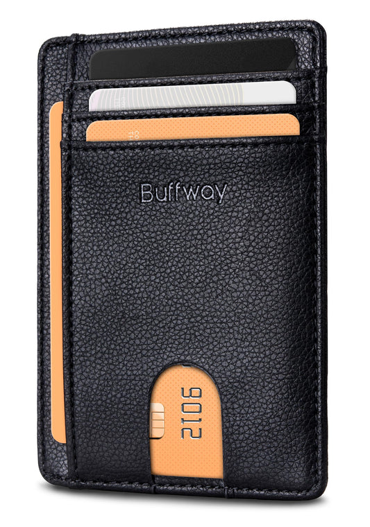 Buffway Slim Minimalist Front Pocket RFID Blocking Leather Wallets for Men and Women - Lichee Black