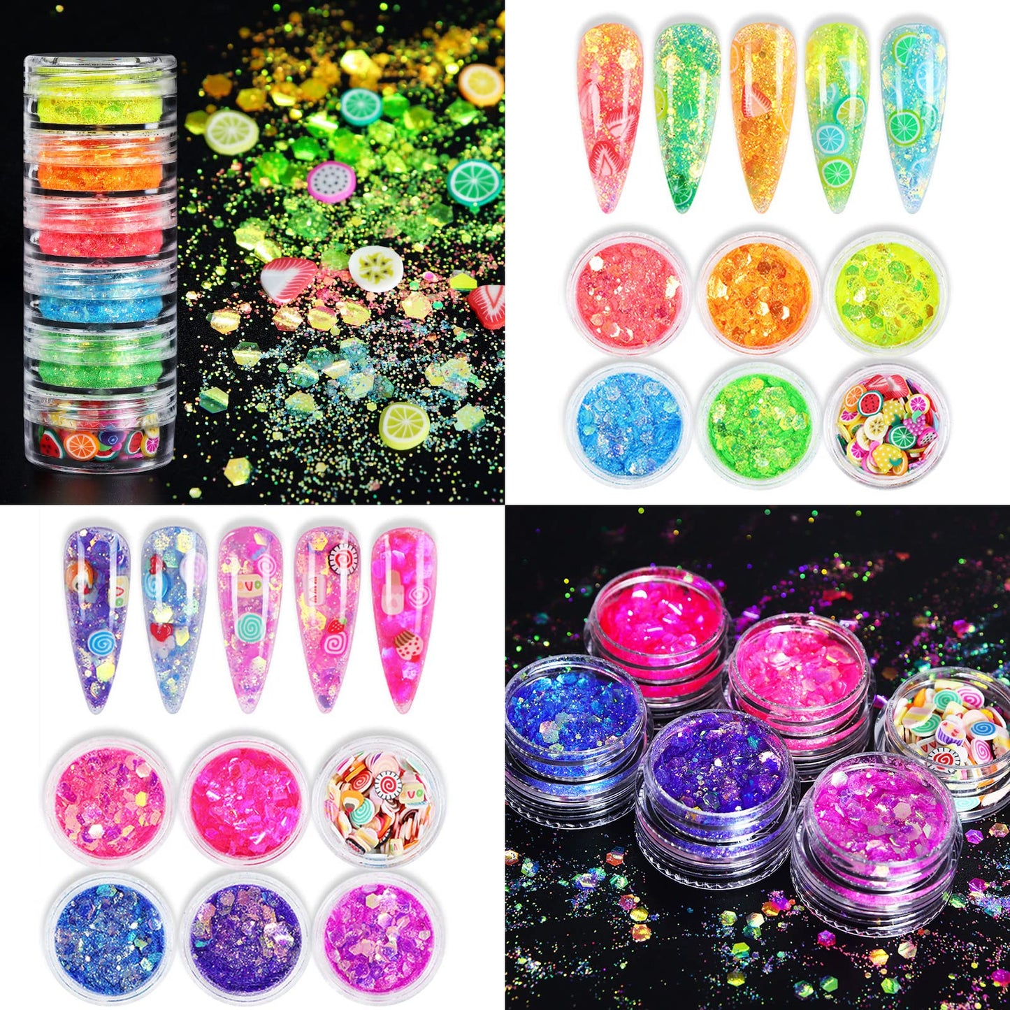 12 Colors Hexagon Nail Glitter Flakes Holographic Chunky Glitter Shiny Mermaid Nail Sequins Charms Craft Glitter Powder Flakes with 3D Fruit Slices for Women Girls Nail Art