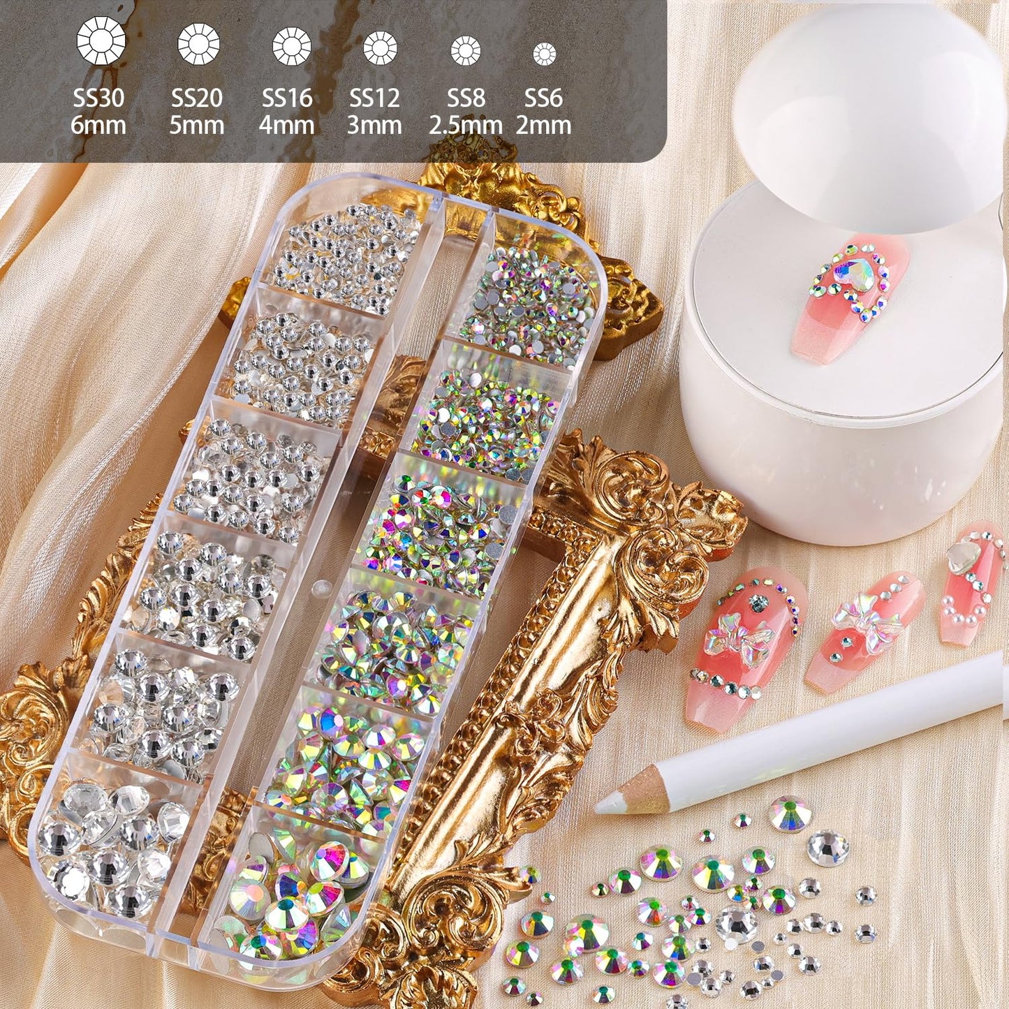 Rhinestones for Nails, Manicure Kit with Nail Rhinestone Glue Gel, 2-6mm Flatback Glass Crystal AB & Clear Gemstones and Colorful Resin Beads, Gem Glue for Nails (UV/LED Needed) with Dotting Tools