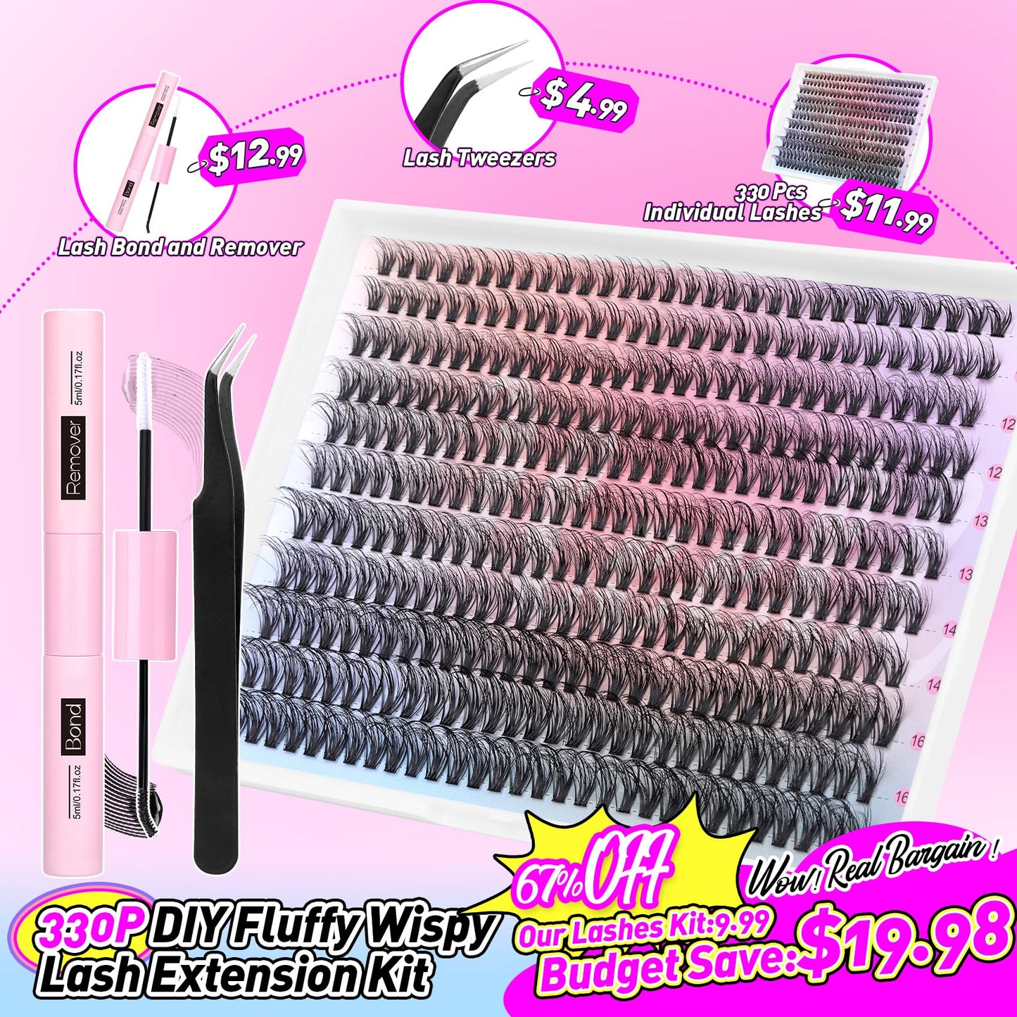 DIY Lash Extension Kit 330 Clusters Eyelash Extension Kit Fluffy Individual Lashes Natural Look with Lash Bond and Remover Lash Applicator 10-16MM Wispy False Eyelashes Clusters Kit by Pleell