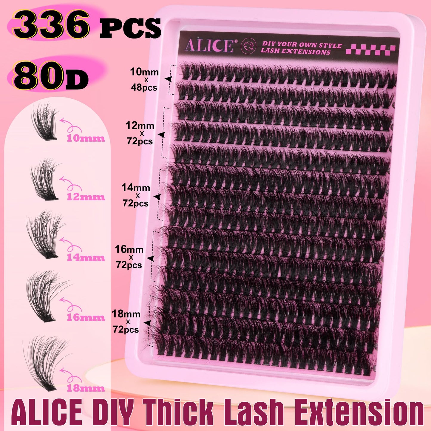 ALICE Lash Extensions Fluffy 336pcs 80D Lash Clusters Cluster Eyelash Extensions Thick Volume Faux Mink Individual Lashes Mix 10-18mm Long Eyelash Clusters