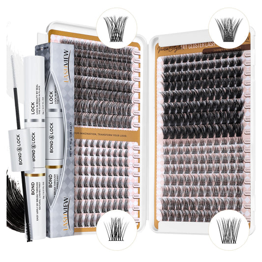 LASHVIEW Lash Clusters Kit D Curl Eyelash Extension Clusters with Lash Bond and Seal Natural Look Cluster Lashes Extensions Super Thin Band & Soft Cluster Lashes Reusable 9-16mm MIX(style3&5&56D&H15)