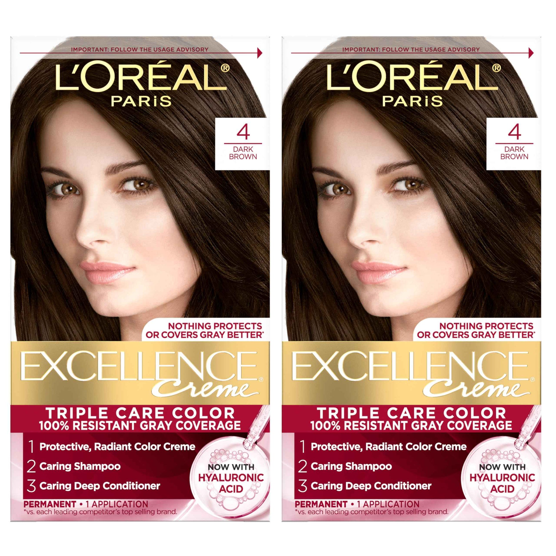 L'Oreal Paris Excellence Crème Permanent Hair Dye, Triple Care Hair Color with Pro-Keratine Complex for 100% Gray Hair Coverage, 4 Dark Brown, 1 Kit (Pack of 2)