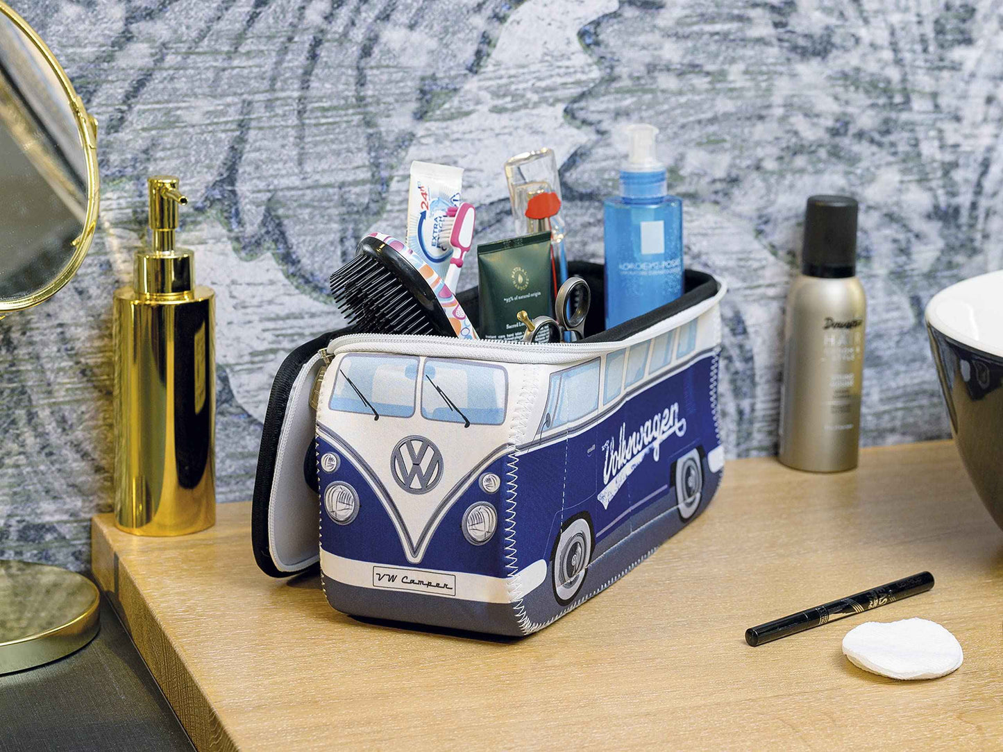 BRISA VW Collection - Volkswagen Neoprene Universal Makeup Cosmetics Toiletry Travel Pharmacy Bag in T1 Bus Design (Blue) (Large (11.8 x 5.5 x 4.7 inches))