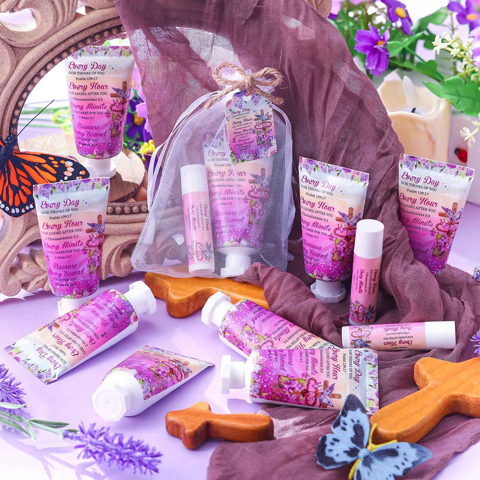 Swiffen 24 Sets Christian Hand Cream and Lip Balm Gift Set Christmas Christian Gift for Women Travel Size Hand Lotion Bible Verse Lip Balm Bulk for Baby Bridal Shower Mom Holiday Gift(Cross)
