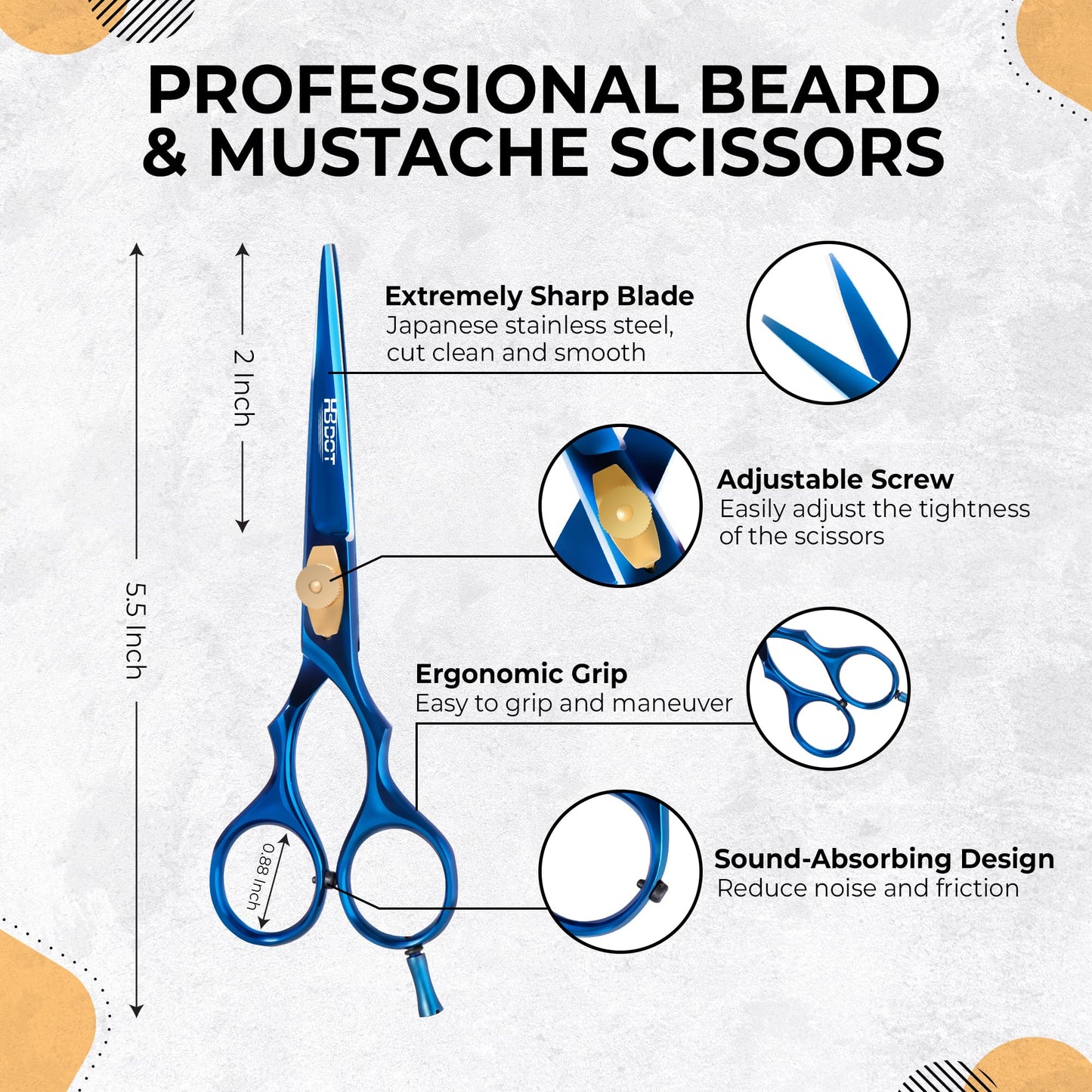 HB-DOT Professional Beard and Mustache Scissors, 5.5-Inch Blue German Steel Beard Trimming Scissors for Men, Versatile Grooming Scissors Men Come with an Elegant Case and Beard Comb.