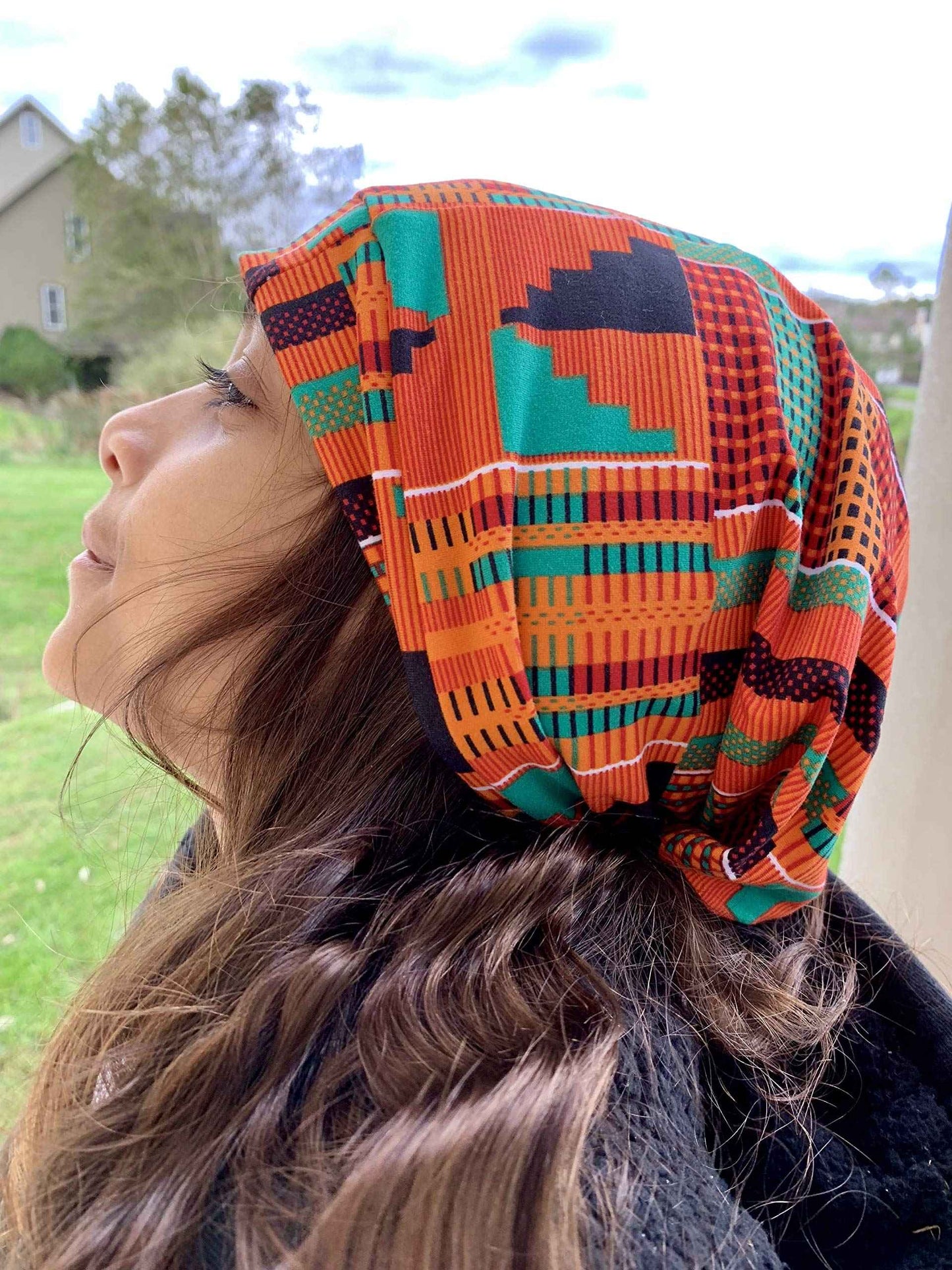 Fairy Black Mother Day & Night Adjustable Hair Cap Satin Bonnet Alternative for All Hair Styles Dreadlocks Locs & Braids(Kente Orange,Medium)