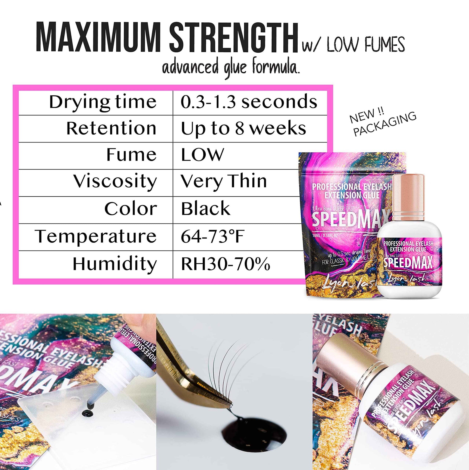 Lyon Lash SPEEDMAX Eyelash Extension Glue | 0.3-1.3 Sec Dry Time | Up to 8 Weeks Retention | Black Adhesive Supplies for Professional Use | (10ml/0.34 fl. Oz)