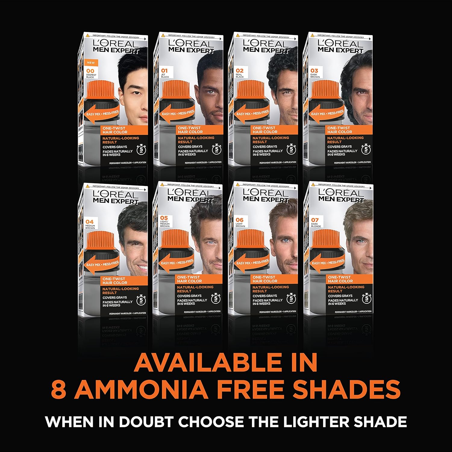 L’Oreal Paris Men Expert One Twist Mess Free Permanent Hair Color, Mens Hair Dye to Cover Grays, Easy Mix Ammonia Free Application, Real Black 02, 1 Application Kit