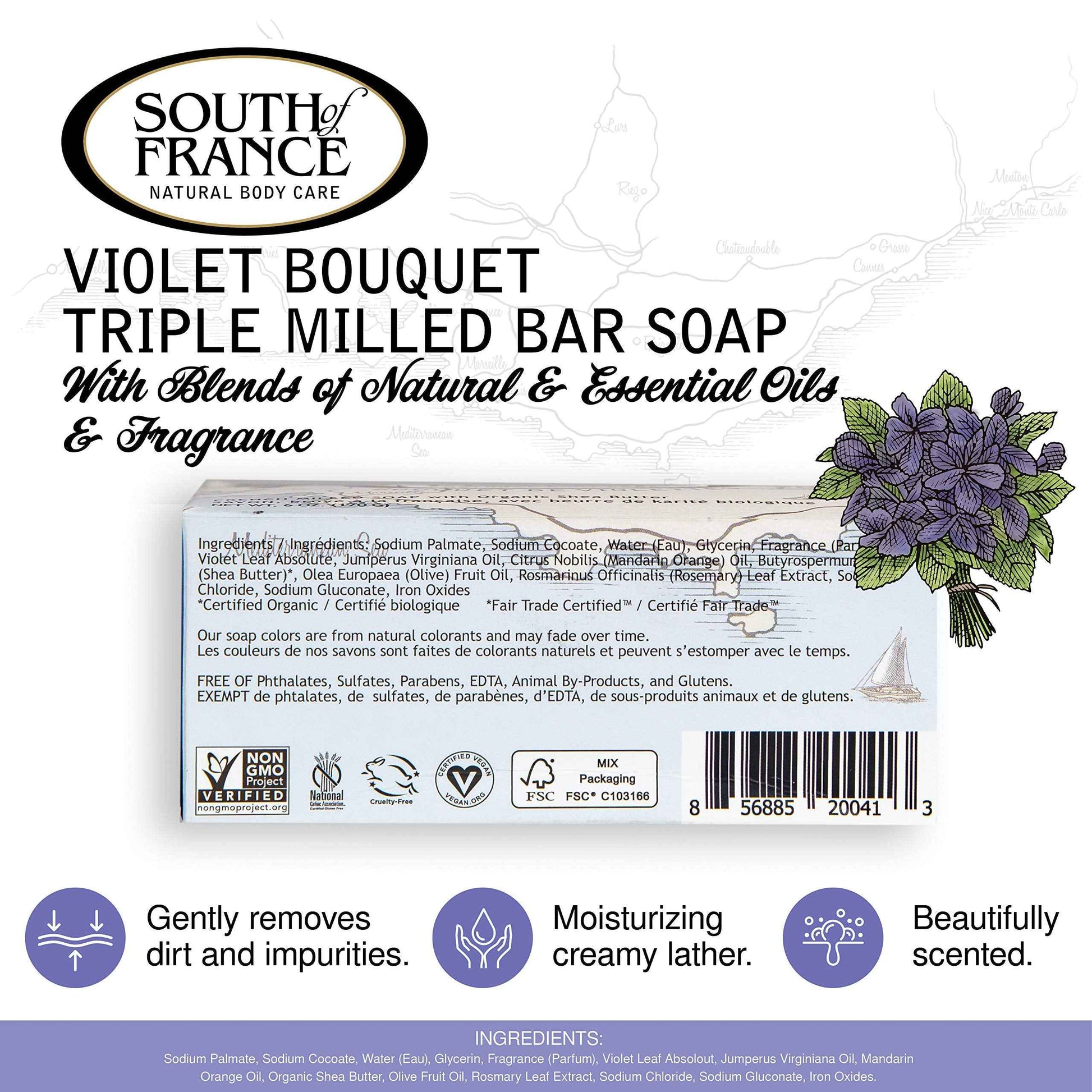 Violet Bouquet Clean Bar Soap by South of France Clean Body Care Triple-Milled French Soap with Organic Shea Butter + Essential Oils Vegan, Non-GMO Body Soap 6 oz Bar 4 Pack