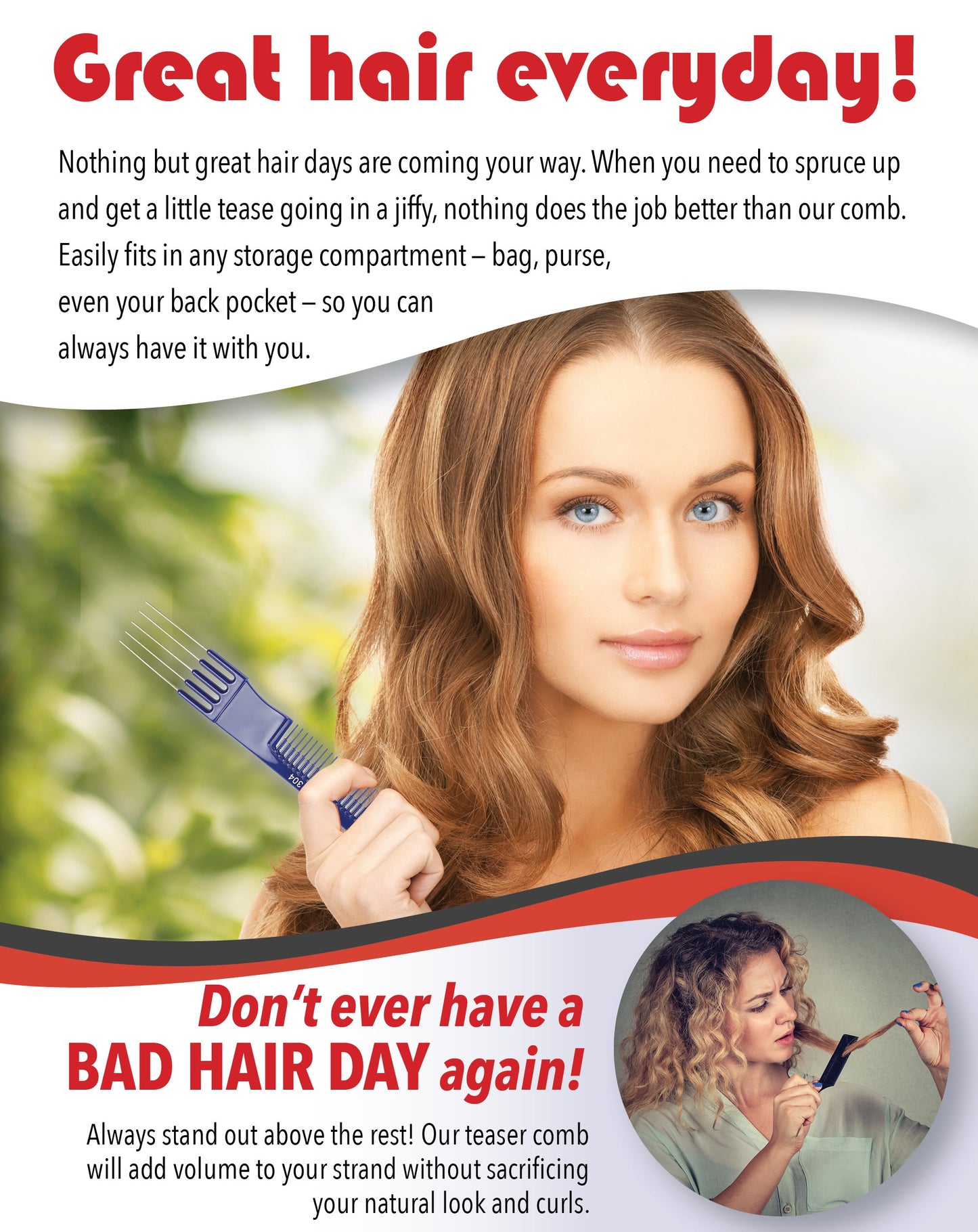 Teasing Comb With Metal Lifts - 6” Plastic Teaser Rake and Stainless Steel Lifting Prongs – Heat and Chemical Resistant – Wig and Hair Styling Tools by Adolfo Design