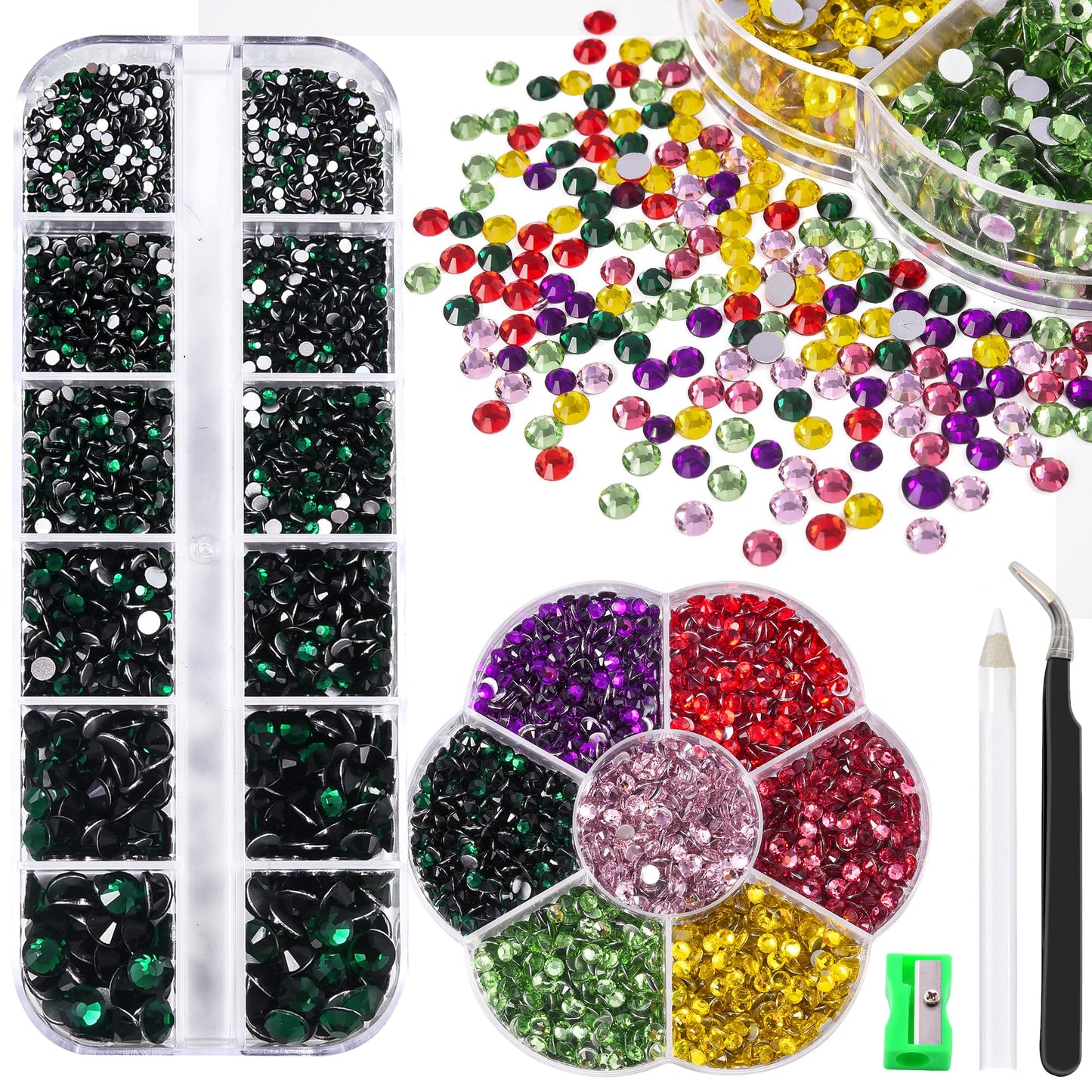 Blinginbox 2 Boxes of Flat Back Nail Gems Nail Art Rhinestones, Round Glass Gems for Face Art Eye Makeup, Non Hotfix Rhinestones, 8870pcs Mixed Sizes from 1.4mm to 6.6mm (Emerald)…