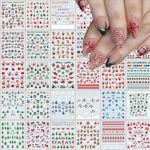 30 Sheets Christmas Nail Art Stickers Santa Claus Nail Stickers 3D Self Adhesive Snowflake Snowman Nail Decals Elk Nails Art Supplies Xmas Tree Designs Nails Decorations for Women Manicure DIY