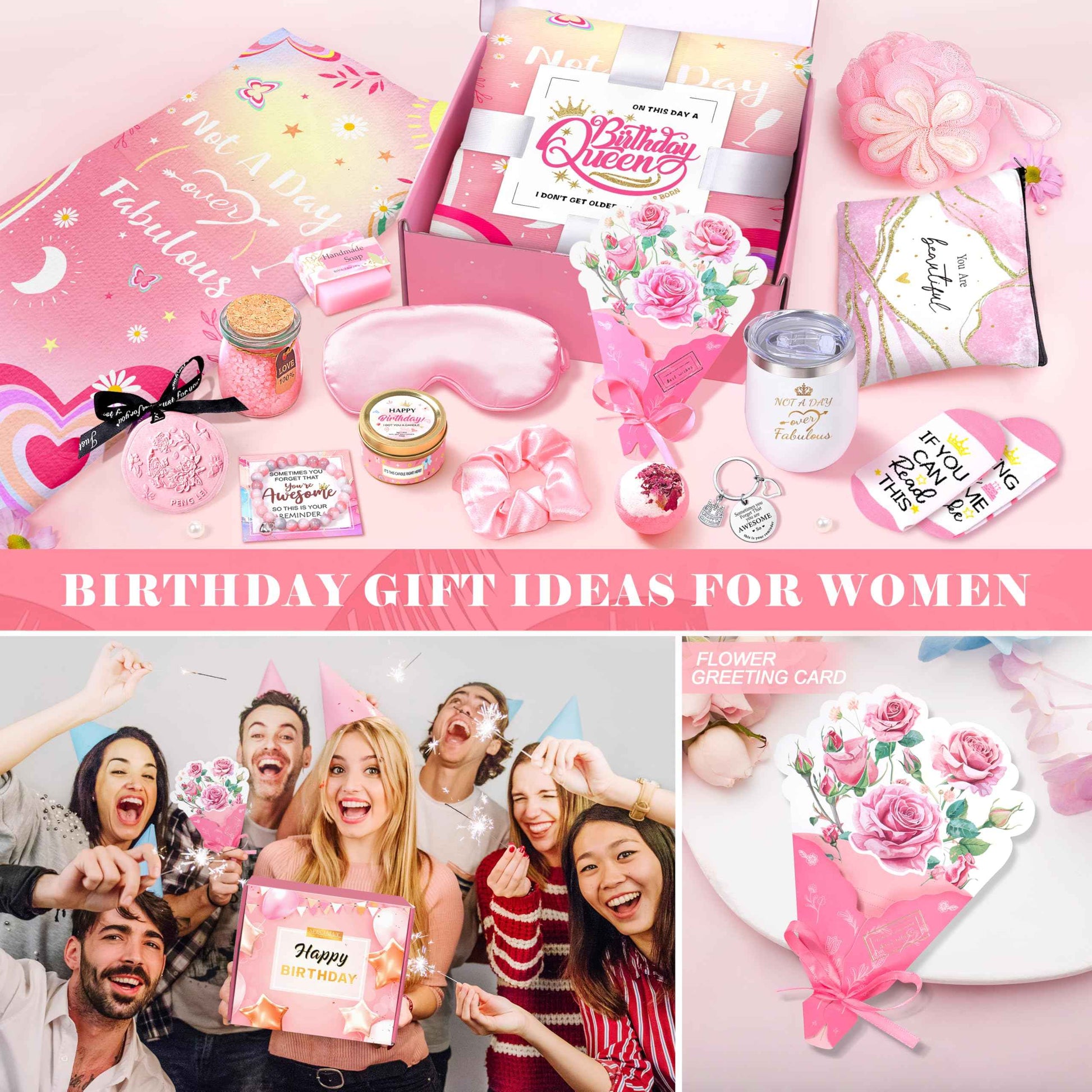 Birthday Gifts for Women, Happy Birthday Gifts Basket for Women Self Care Gift Get Well Soon Gifts, Rose Relaxing Spa Gift Basket with Beach Towel, Woman Birthday Gift for Sister Coworker Her Bestie