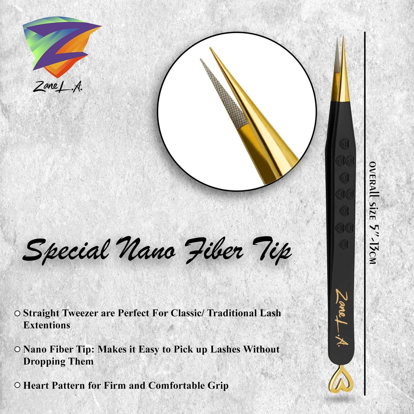 Zane L.A. Nano Fiber Tip Professional Eyelash Extension Tweezers, made with Japanese Stainless Steel, Unique Heart Design (Black)