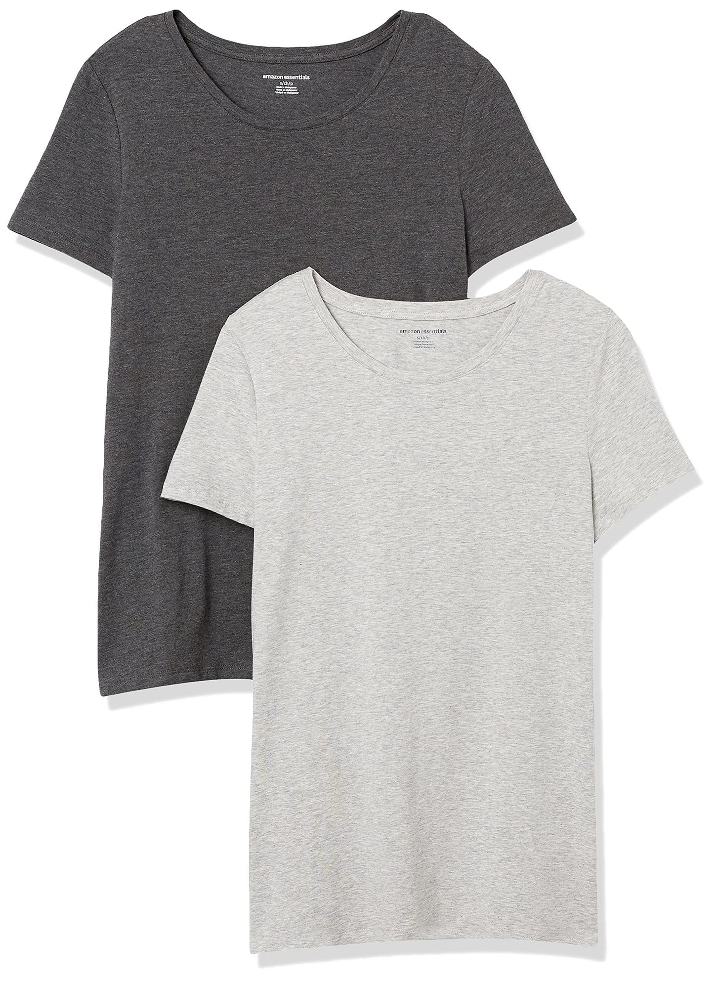 Amazon Essentials Women's Classic-Fit Short-Sleeve Crewneck T-Shirt, Pack of 2, Charcoal Heather/Light Grey Heather, X-Small