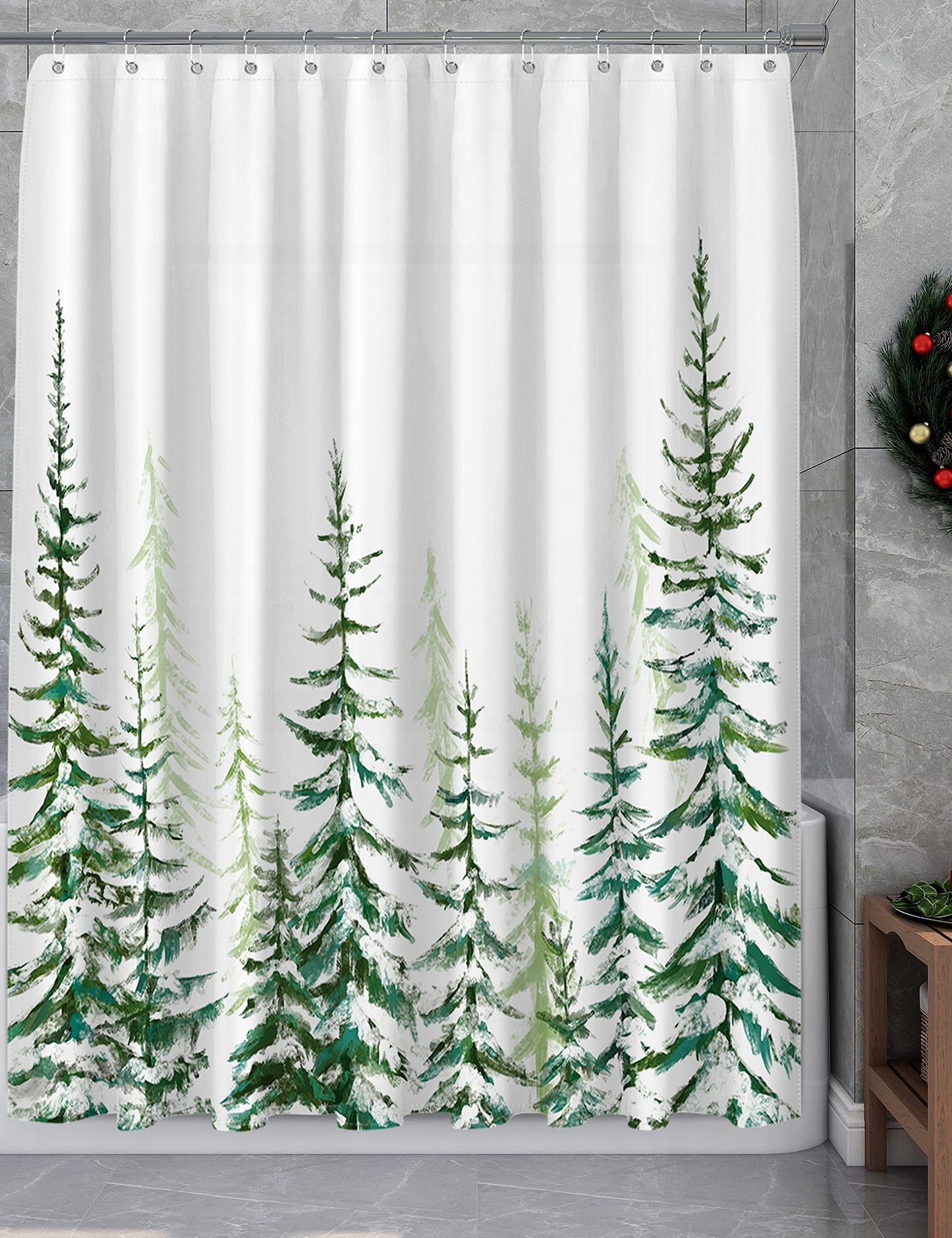 Maxpeuvon Christmas Shower Curtain for Bathroom Green Tree Farmhouse Rustic Modern White Snow Landscape Cloth Bathroom Curtain Sets with Hooks 72X72 inch