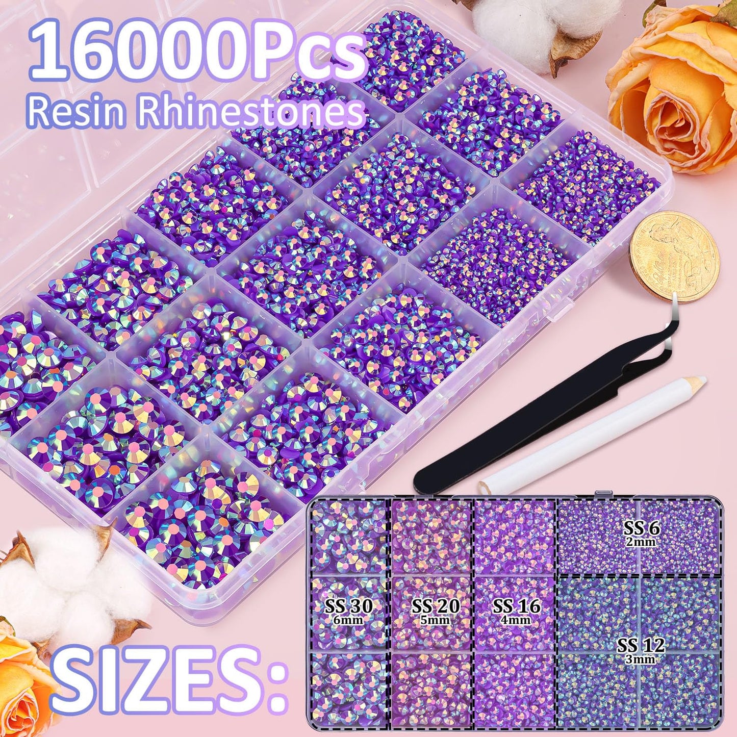 16000Pcs Resin Jelly Rhinestones for Crafting, Dark Purple AB Non Hotfix Flatback Gems, Bedazzling Crystal with 3Pcs 10ml B7000 Jewelry Glue for DIY Crafts Clothing Tumblers Shoes Fabric