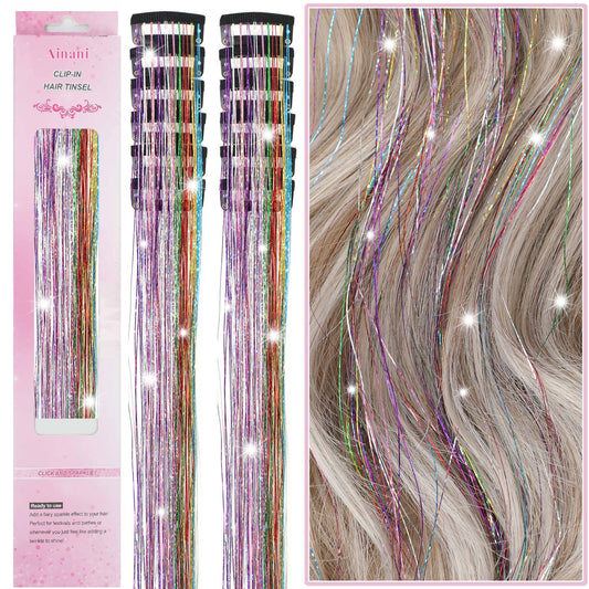 Ainani 12Pcs Hair Tinsel Clip in Glitter Tinsel Hair Extensions Heat Resistant 20Inch Fairy Hair Clip in Hair Tinsel Sparkly Hair Accessories for Girls Women Kids (Colorful 12PCS)