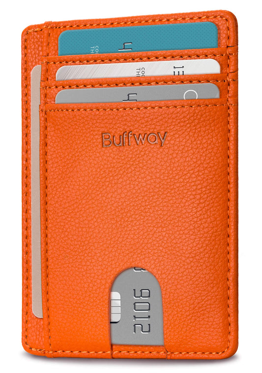 Buffway Slim Minimalist Front Pocket RFID Blocking Leather Wallets for Men and Women - Lichee Orange