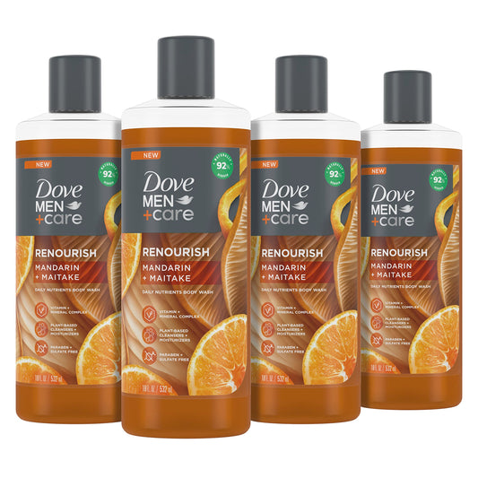 DOVE MEN + CARE Renourish Body Wash Mandarin + Maitake 4 Count With Vitamin and Mineral Complex Moisturizing Body Wash With Plant Based Ingredients 18 oz