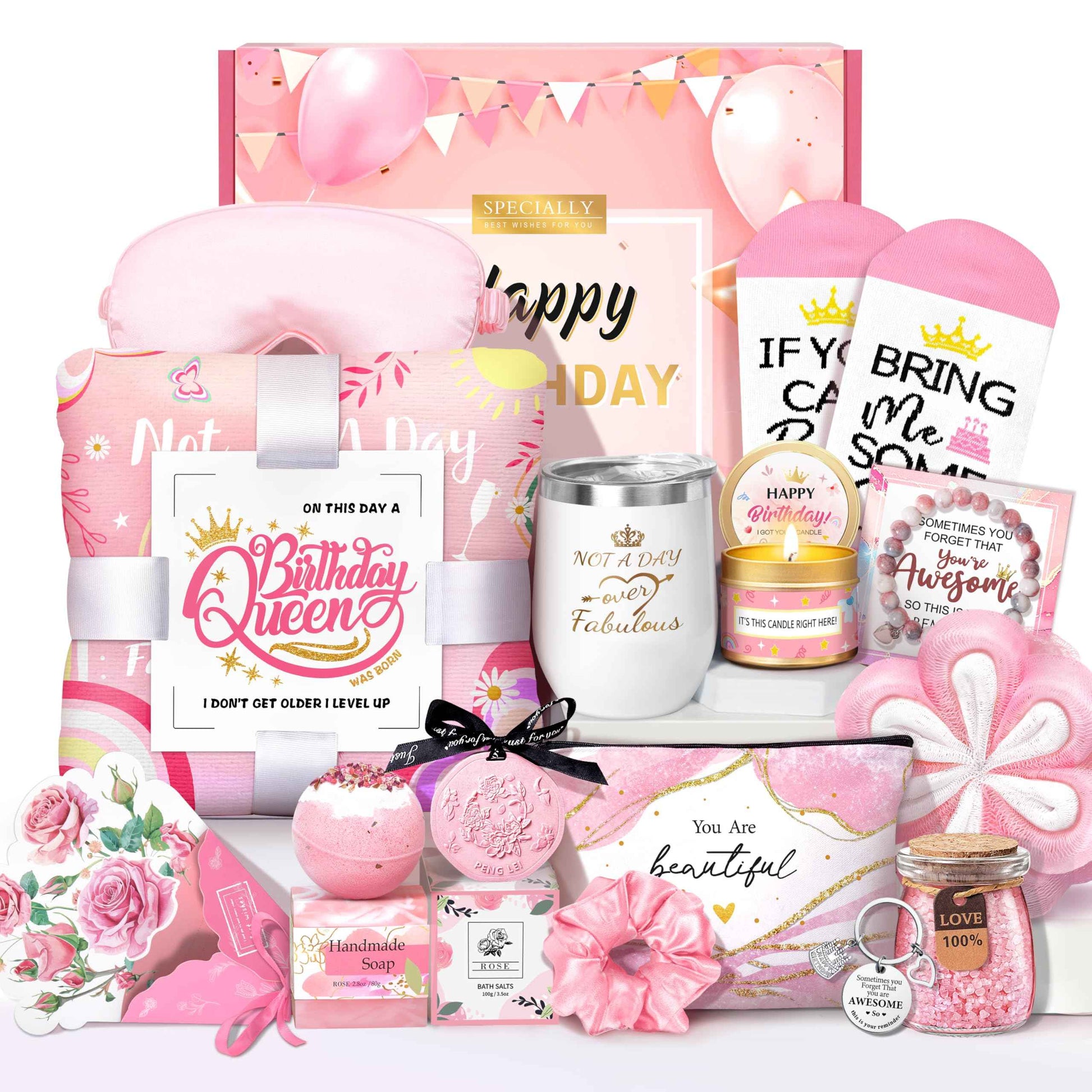 Birthday Gifts for Women, Happy Birthday Gifts Basket for Women Self Care Gift Get Well Soon Gifts, Rose Relaxing Spa Gift Basket with Beach Towel, Woman Birthday Gift for Sister Coworker Her Bestie