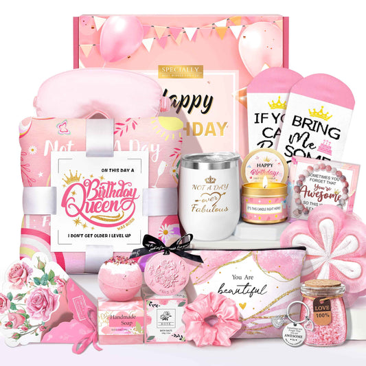 Birthday Gifts for Women, Happy Birthday Gifts Basket for Women Self Care Gift Get Well Soon Gifts, Rose Relaxing Spa Gift Basket with Beach Towel, Woman Birthday Gift for Sister Coworker Her Bestie