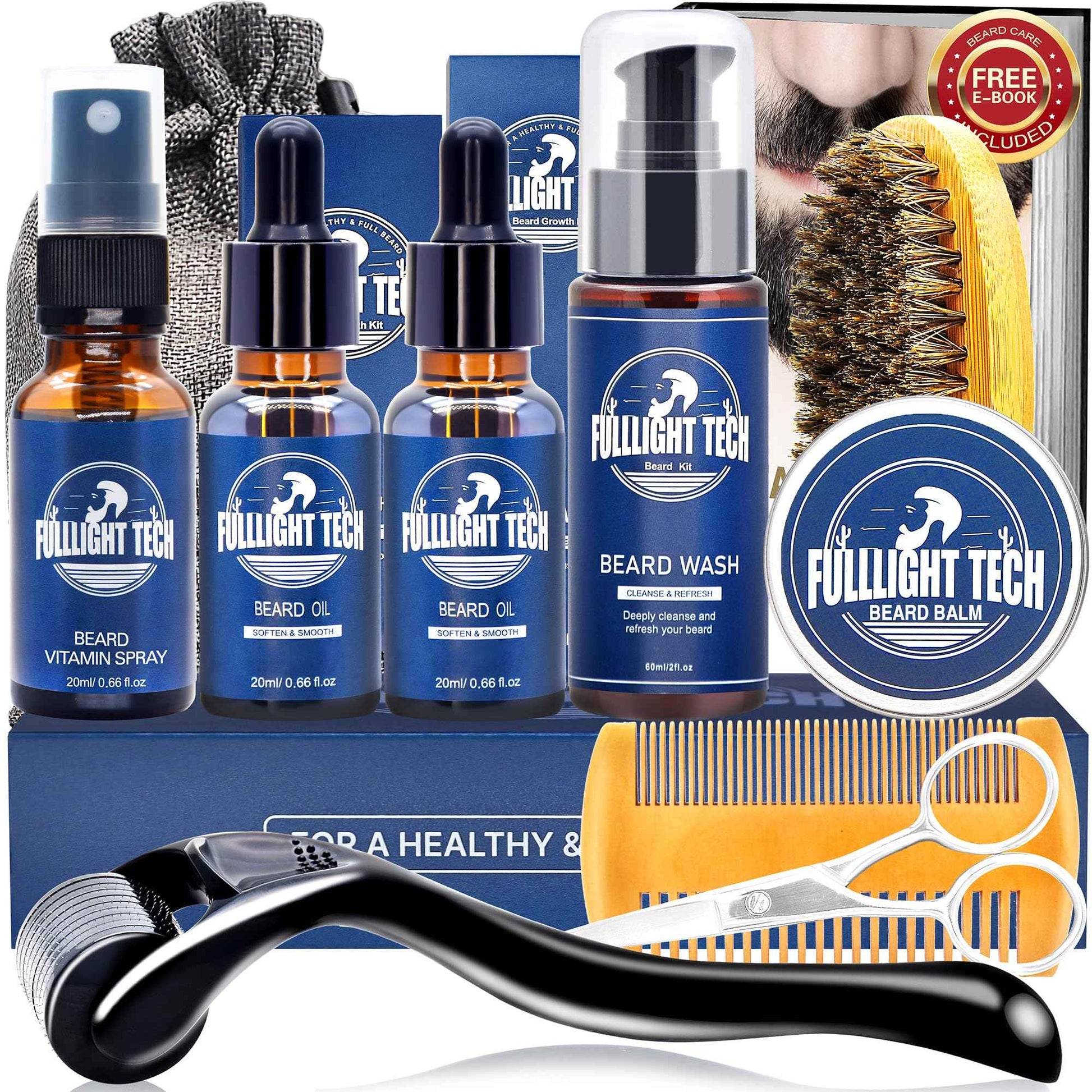 Beard Care Kit for Men-Nourish Soften Grooming Patchy Beard W/Vitamin Spray,Mustache Oil,Balm, Wash,Boar Bristle Brush,Wooden Comb,Scissors,Valentines Fathers Gifts for Men Dad Him Husband Boyfriend