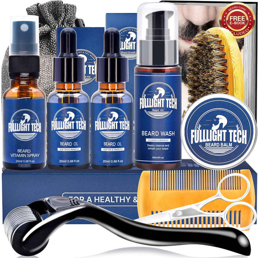 Beard Care Kit for Men-Nourish Soften Grooming Patchy Beard W/Vitamin Spray,Mustache Oil,Balm, Wash,Boar Bristle Brush,Wooden Comb,Scissors,Valentines Fathers Gifts for Men Dad Him Husband Boyfriend