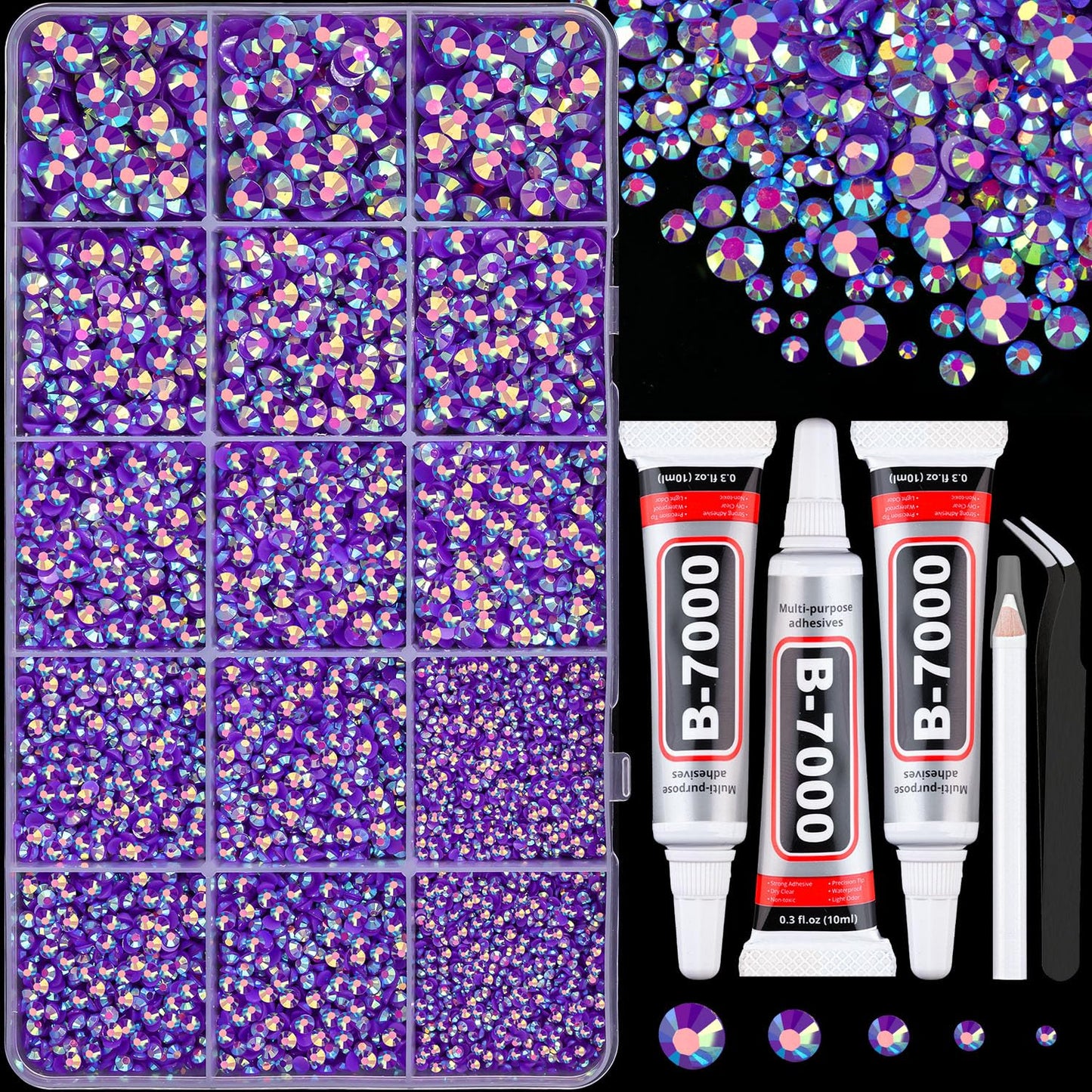 16000Pcs Resin Jelly Rhinestones for Crafting, Dark Purple AB Non Hotfix Flatback Gems, Bedazzling Crystal with 3Pcs 10ml B7000 Jewelry Glue for DIY Crafts Clothing Tumblers Shoes Fabric