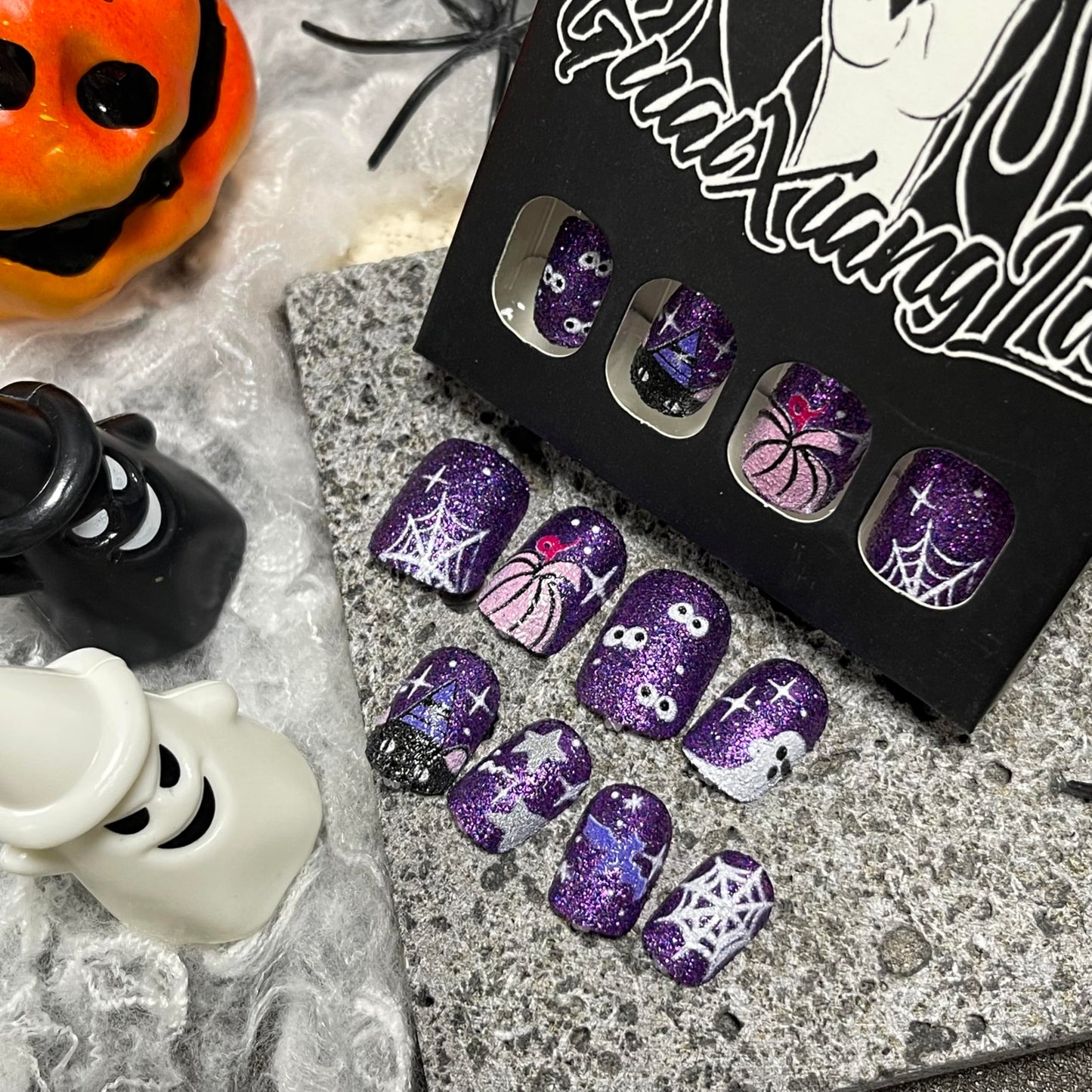 Halloween Press on Nails Short Square Fake Nails with Glitter Designs, Glossy Acrylic Nails Cute Ghost Nails Halloween Nails Purple Press on Nails Stick on Nails for Women Girls 24Pcs