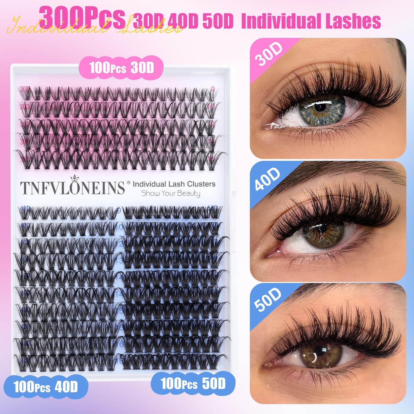 DIY Lash Extension Kit 300pcs Lash Clusters D Curl Eyelash Extension Kit 9-16MM Individual Lashes Kit Bond and Seal,Lash Remover and Eyelash Application Cluster Lashes Kit by TNFVLONEINS (30D+40D+50D)