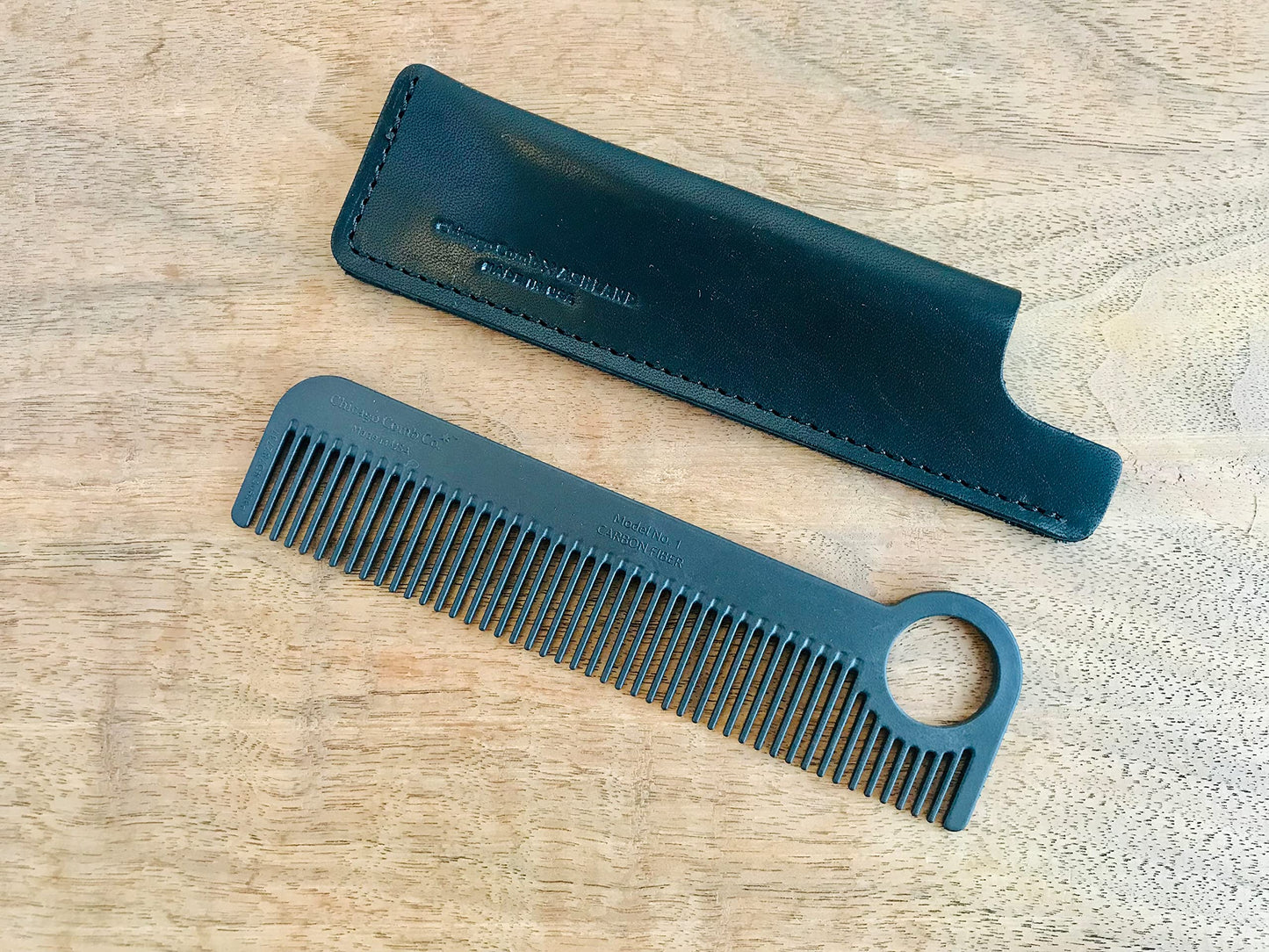 Chicago Comb Model 1 Carbon Fiber + Black Horween leather sheath, pocket and travel comb, Made in USA