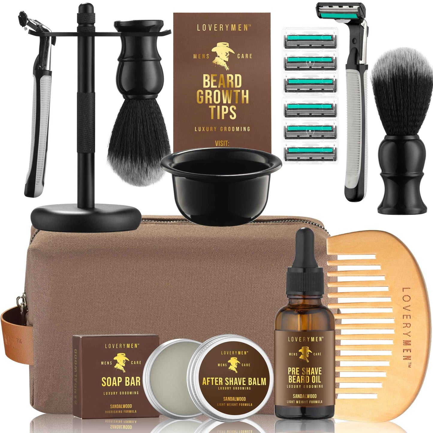 Christmas Gifts for Men, Deluxe Shaving Kit for Men, 17pc Shaving Brush Kit with Double Edge Safety Razor, Razor Blades, Sandalwood Bar Soap, Preshave Beard Oil & More, Mens Beard Kit, Birthday Gift