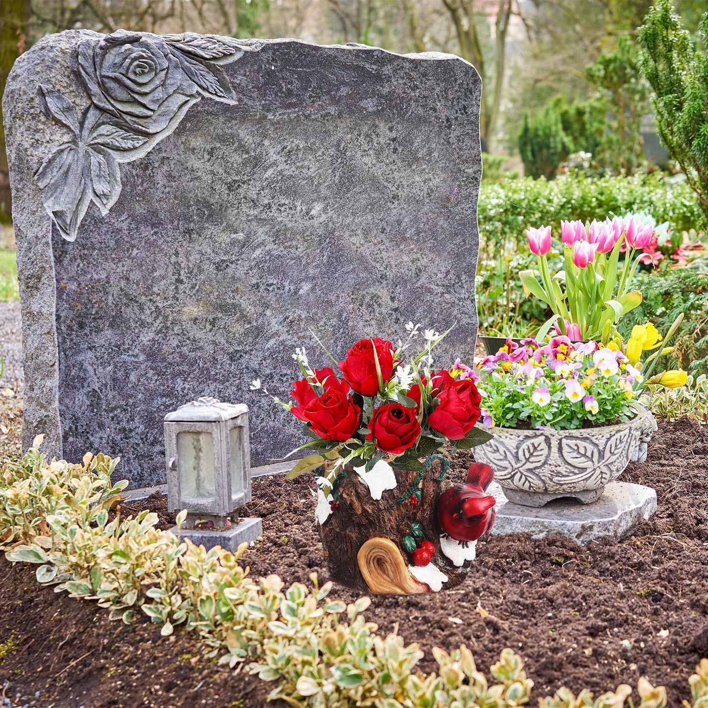 bocola Cardinal Cemetery Decorations Cardinal Grave Vase with Artificial Roses Flowers for Headstones Gravesite Graveyard Decorations Memorial Gift