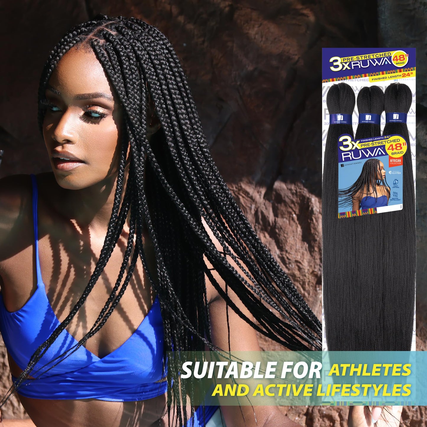 Sensationnel Ruwa prestretched braiding hair - 3x ruwa 18inch water repellent kanekalon fast dry synthetic braid - 3x Ruwa 18 inch (1 pack, SM1B/BG)