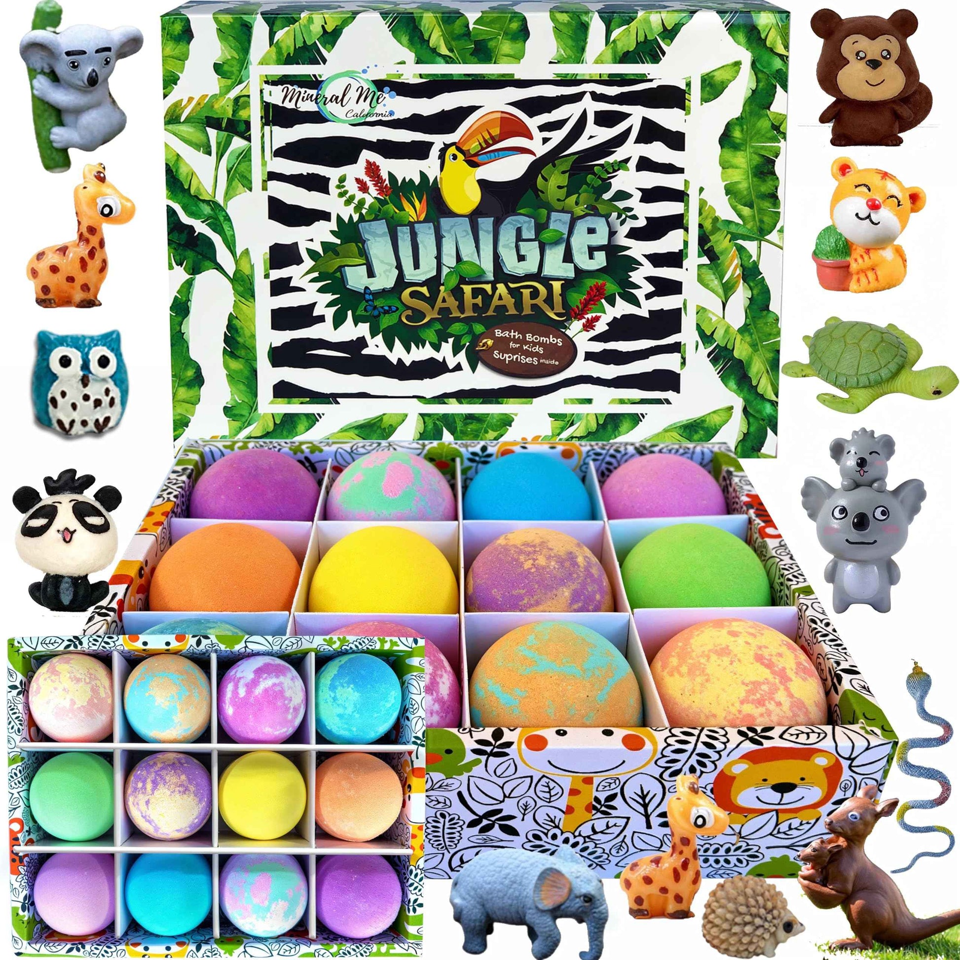 Bath Bombs for Kids with Surprise Inside, 12 Bubble Bath Fizzies with Jungle Animal Toys. Moisturizing, Gentle & Kids Safe, Rainbow Spa Bath Fizz, Stocking Stuffers Christmas Gifts for Boys, Girls