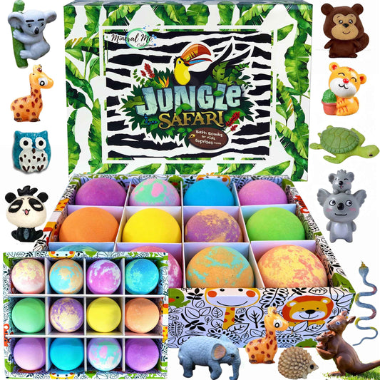 Bath Bombs for Kids with Surprise Inside, 12 Bubble Bath Fizzies with Jungle Animal Toys. Moisturizing, Gentle & Kids Safe, Rainbow Spa Bath Fizz, Stocking Stuffers Christmas Gifts for Boys, Girls