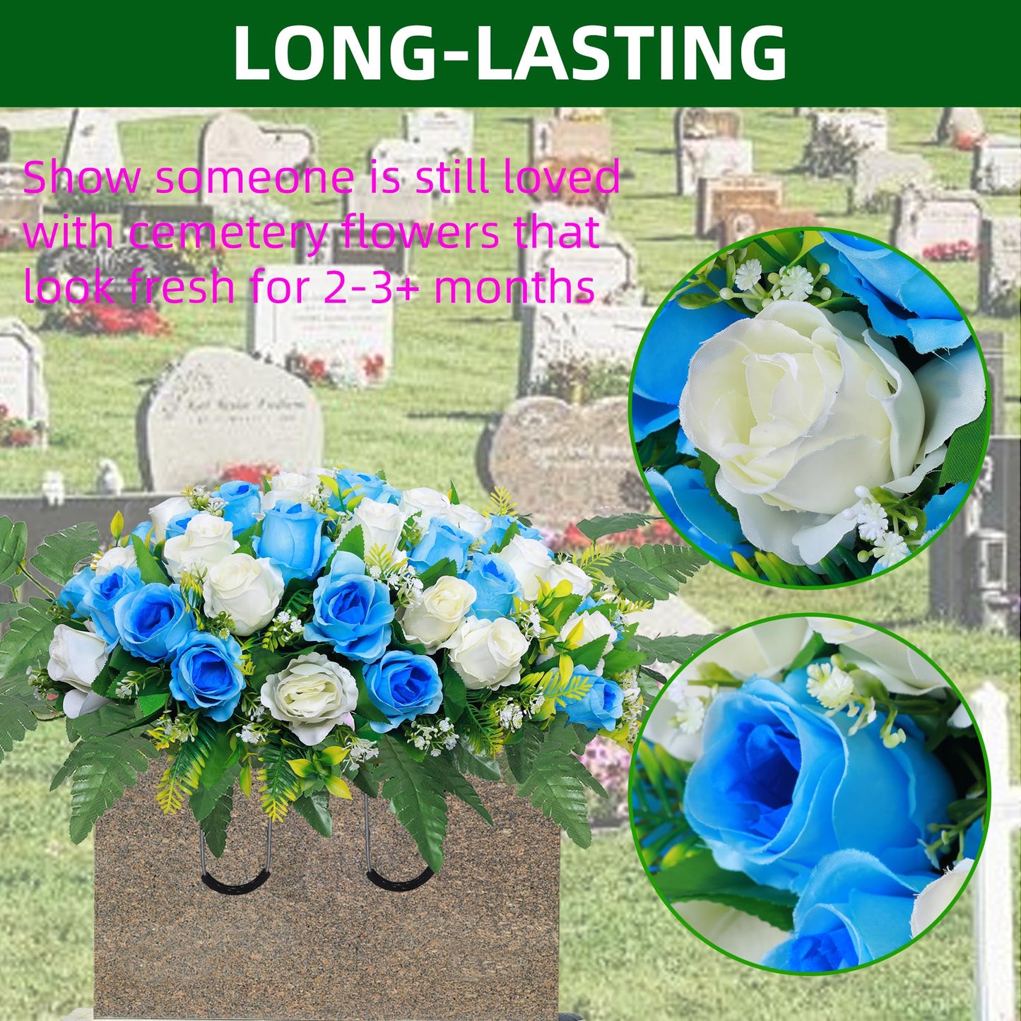 Lodou Artificial Cemetery Flower Saddles, Rose Headstone Flower Saddle Outdoor Grave Decorations,Cemetery Memorial Flowers with Vase for Grave Tombstone Decorations (Blue with White, Saddle)