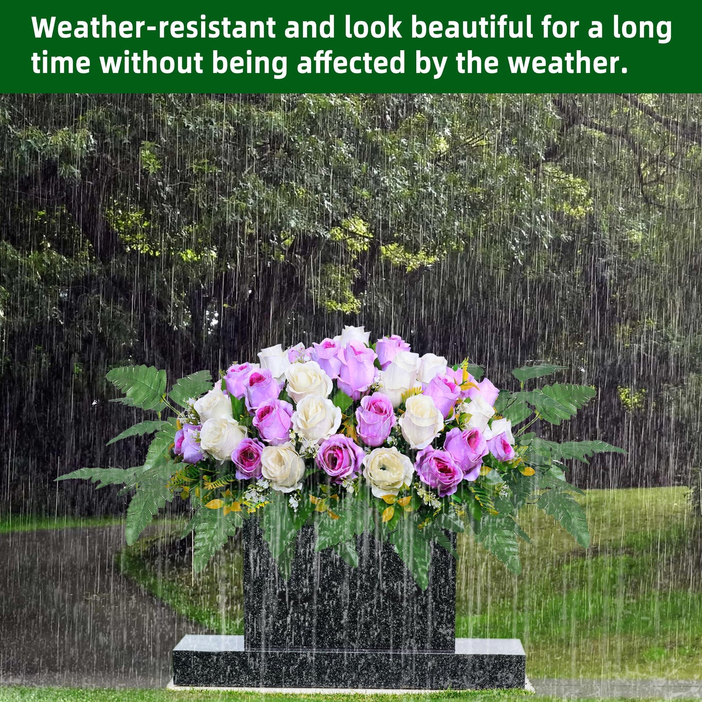 Lodou Artificial Cemetery Flower Saddles, Rose Headstone Flower Saddle Outdoor Grave Decorations,Cemetery Memorial Flowers with Vase for Grave Tombstone Decorations (Purple with white, Saddle)